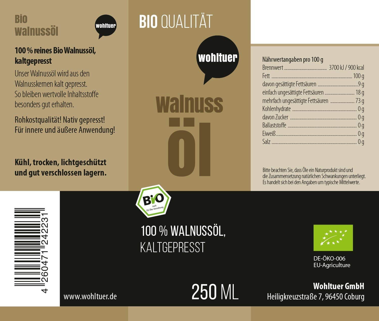 Wohltuer Bio Walnussöl kaltgepresst nährstoffreiches 250ml