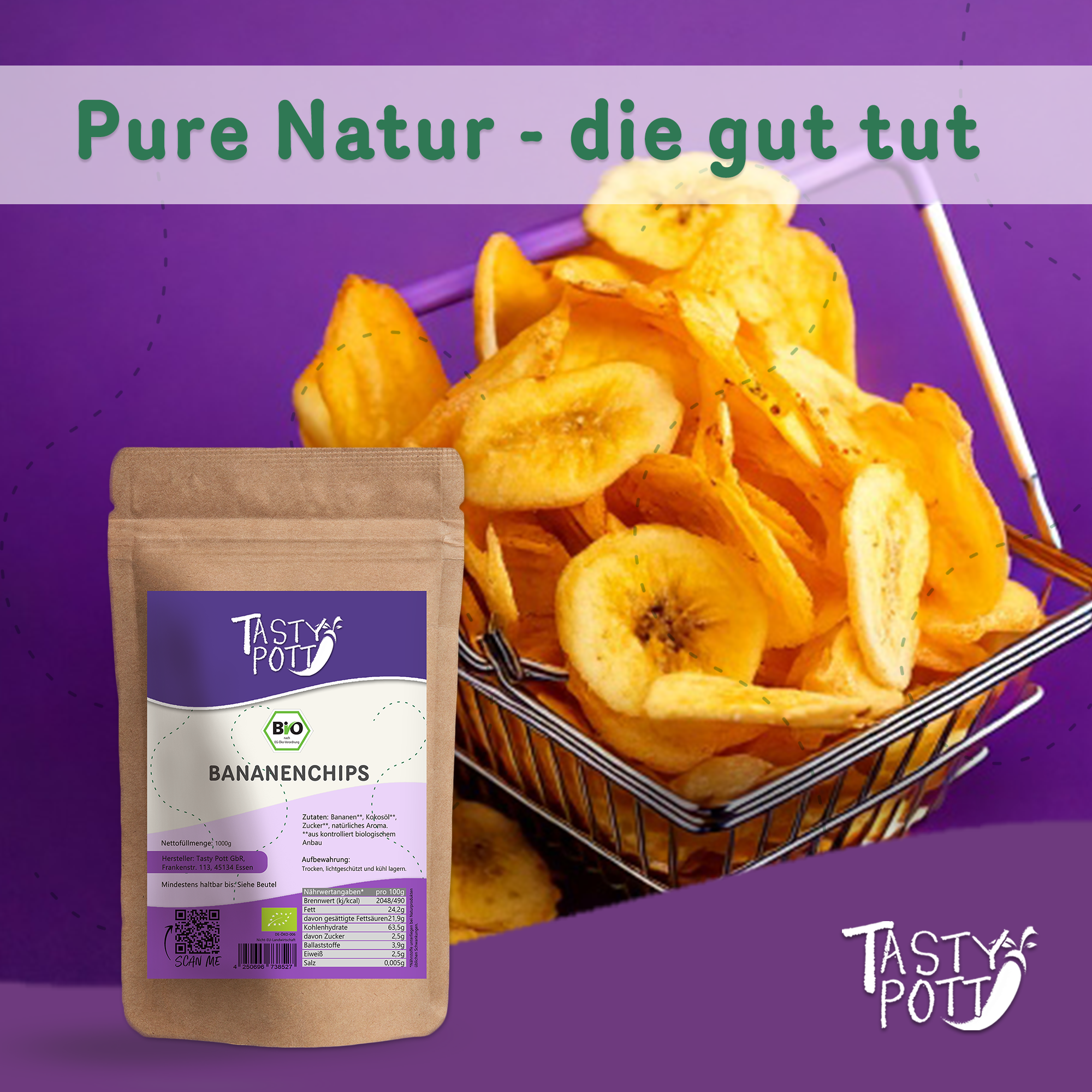 Bio Bananenchips getrocknet mit Zuckerzusatz 1kg 