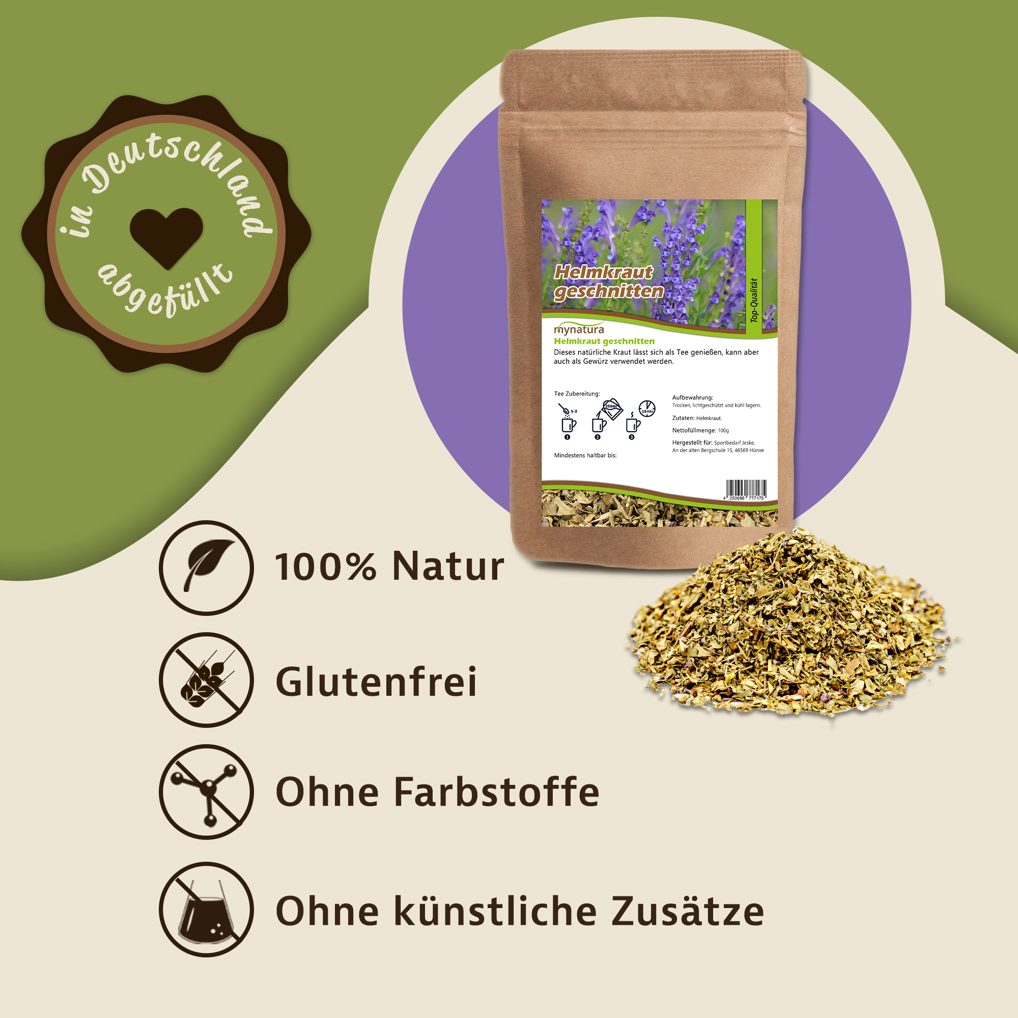Helmkraut getrocknet & geschnitten – Kräuterqualität von mynatura | Bio, aromatisch & vielseitig 250g
