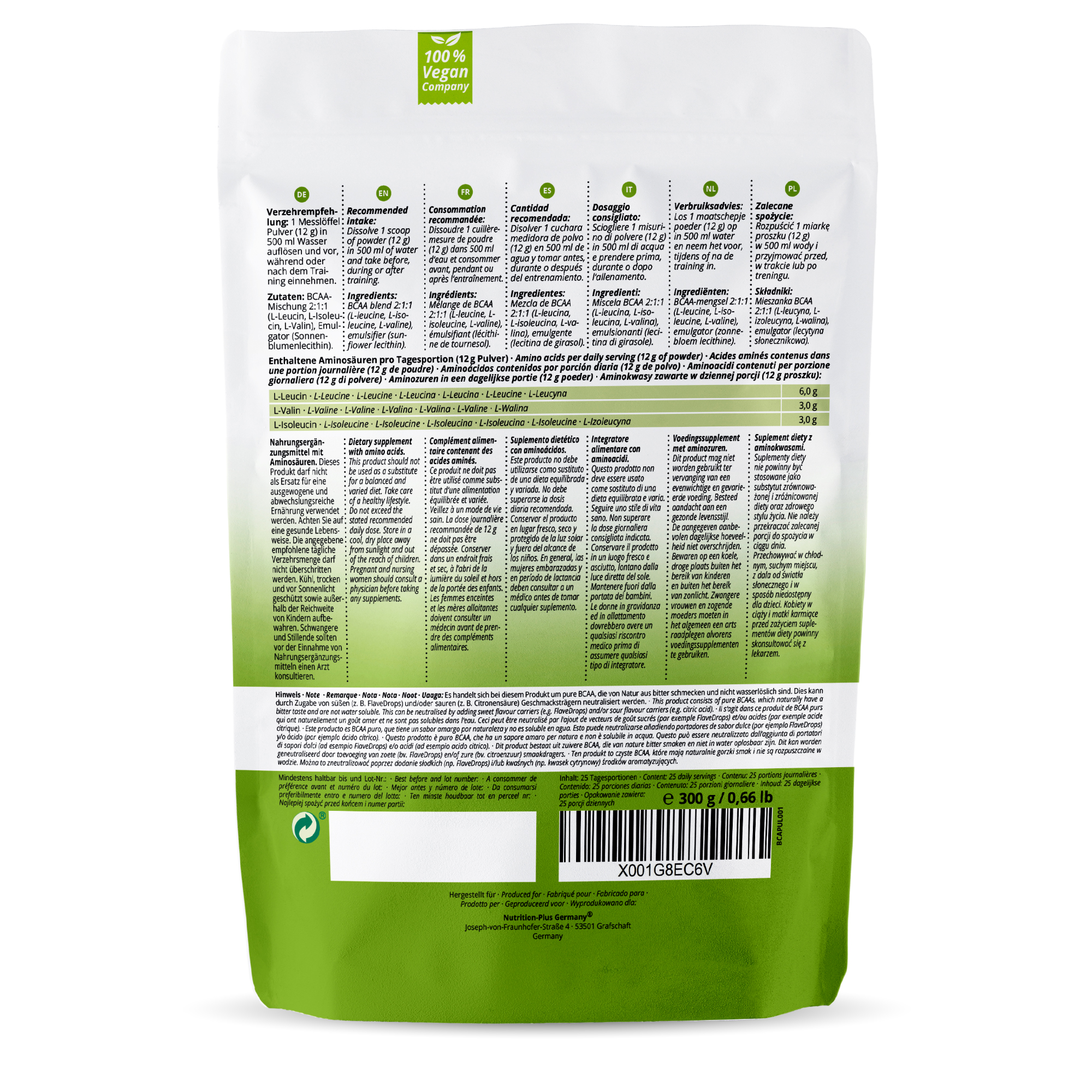 Nutri+ BCAA Aminosäuren Complex hochdosiert  Flavor (300g) Nutri+ BCAA Aminosäuren Complex hochdosiert  Flavor (300g)