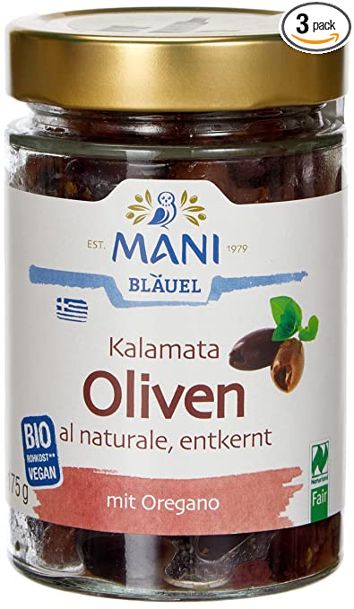 MANI ΜΑΝΙ Kalamata Oliven, al naturale, entkernt, bio, (3 x 175 g) MANI ΜΑΝΙ Kalamata Oliven, al naturale, entkernt, bio, (3 x 175 g)