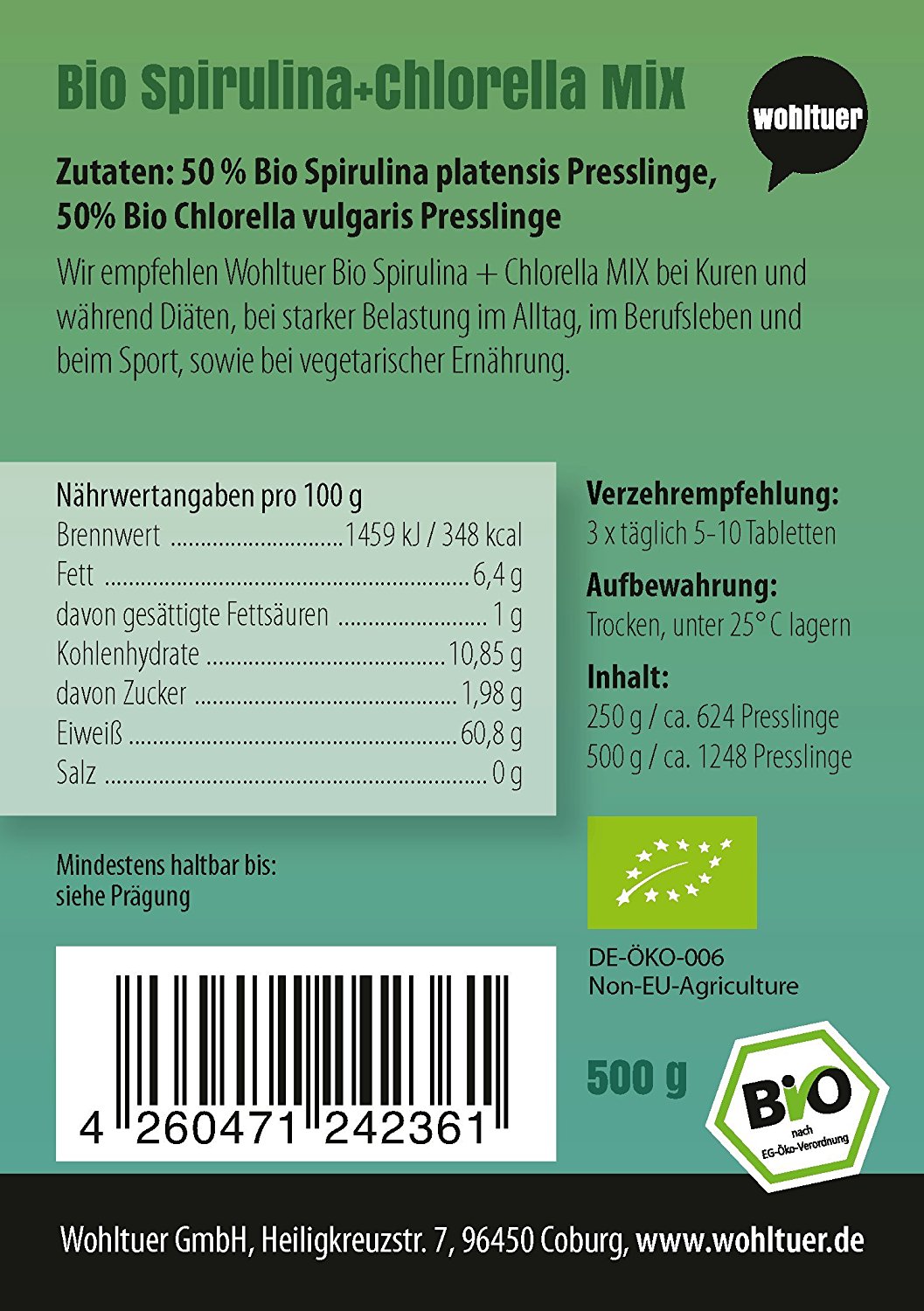 Wohltuer Spirulina + Chlorella Bio Algen Superfood Mix Tabletten, 500g Großer Beutel
