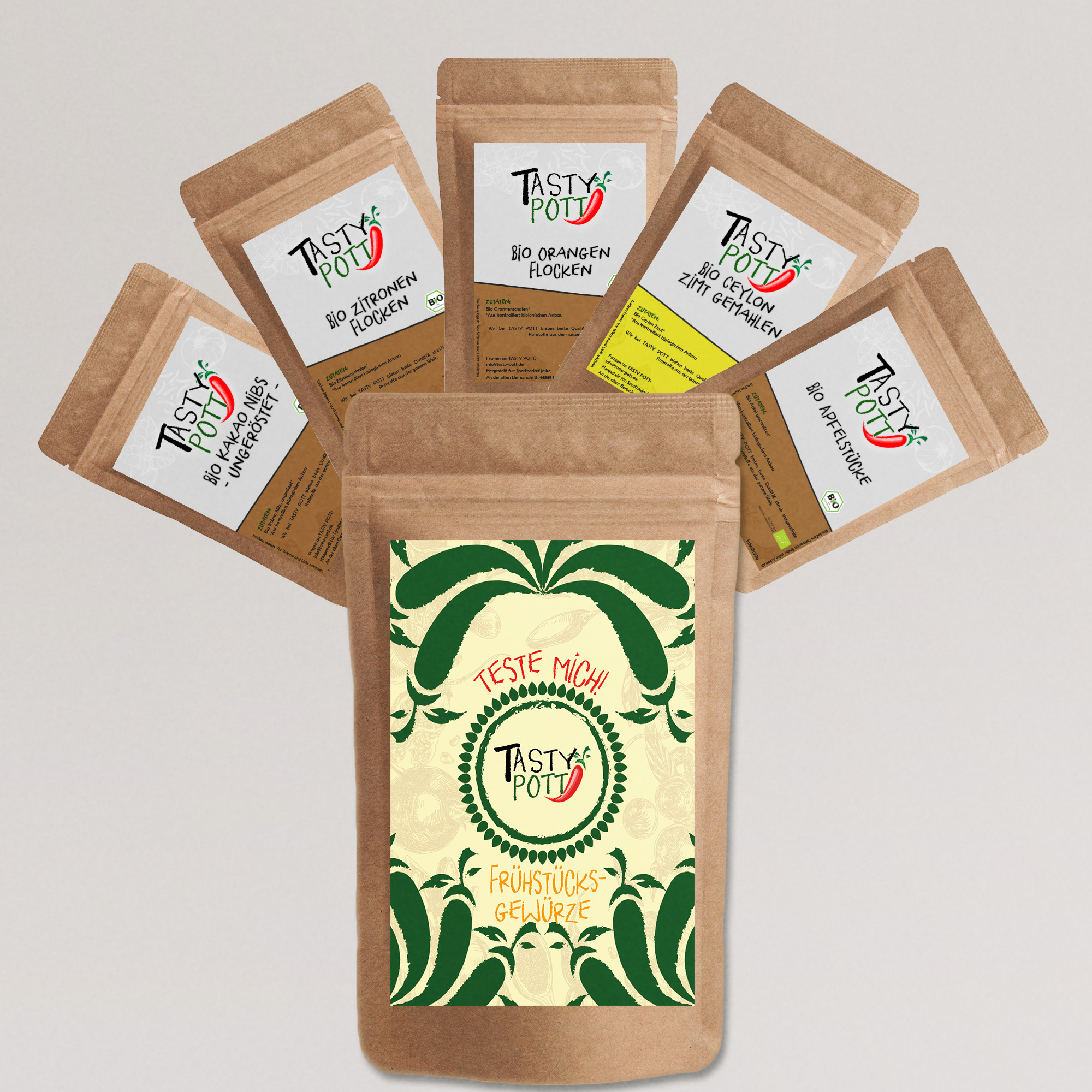 Tasty Pott Bio Frühstücksgewürze Set 5x 30g Probierset - z.B.für die Müslibowl Tasty Pott Bio Frühstücksgewürze Set 5x 30g Probierset - z.B.für die Müslibowl