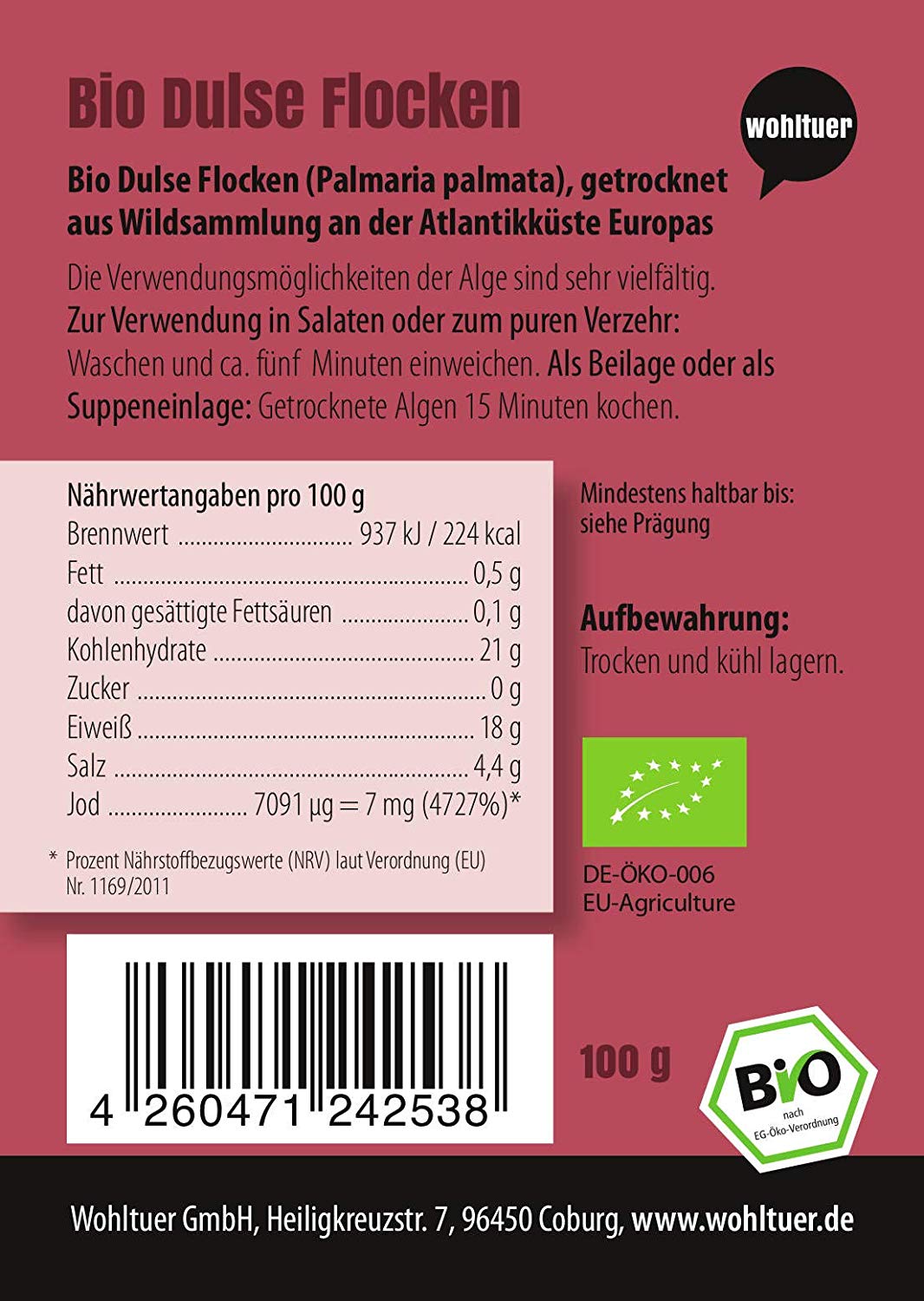 Wohltuer Bio Dulseflocken | Dulse Algen Bio | Lappentang Bio getrocknet | Aus dem Atlantik 100g Wohltuer Bio Dulseflocken | Dulse Algen Bio | Lappentang Bio getrocknet | Aus dem Atlantik 100g