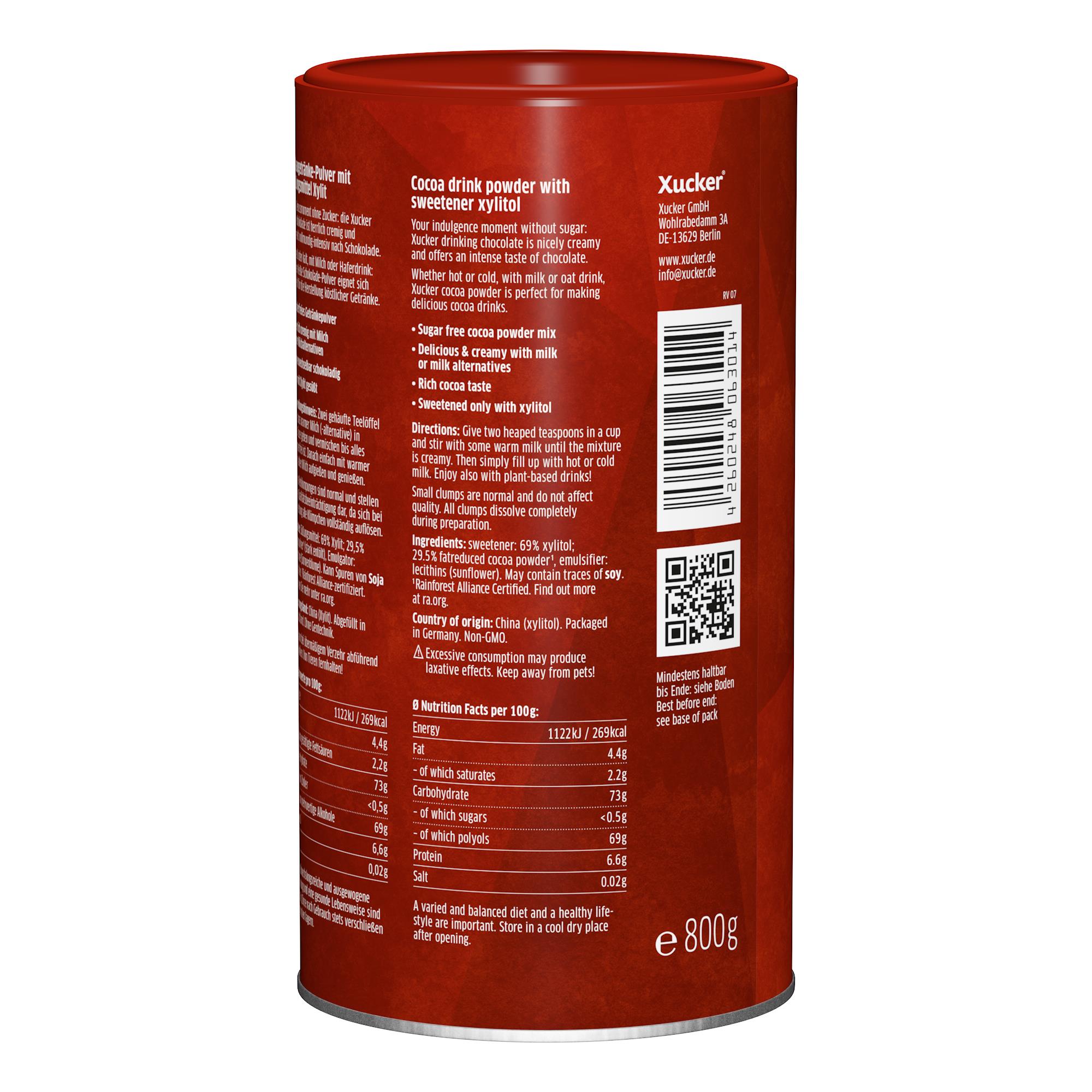 Xucker Hot Chocolate mit Xylit , Trinkschokoladen-Pulver 800 g