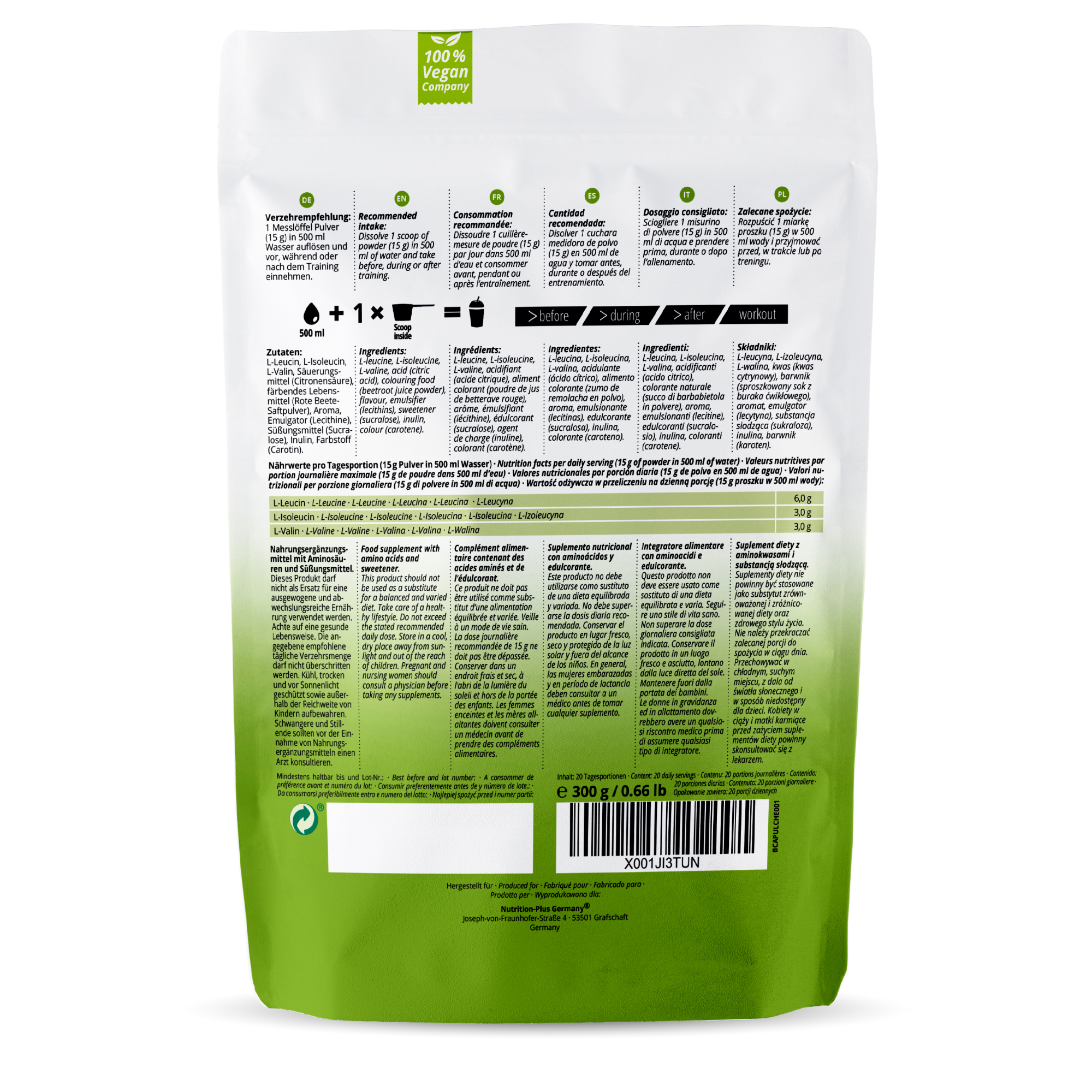 Nutri+ BCAA Aminosäuren Complex hochdosiert  Flavor (300g) Nutri+ BCAA Aminosäuren Complex hochdosiert  Flavor (300g)