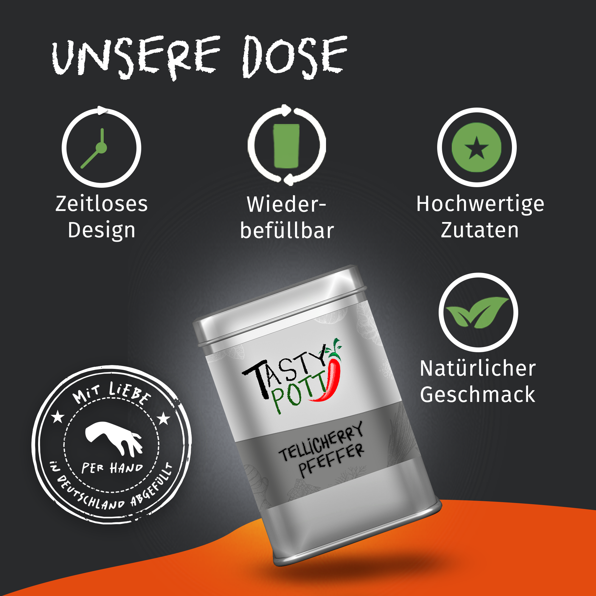 Tellicherry Pfeffer ganz 80g Dose von Tasty Pott