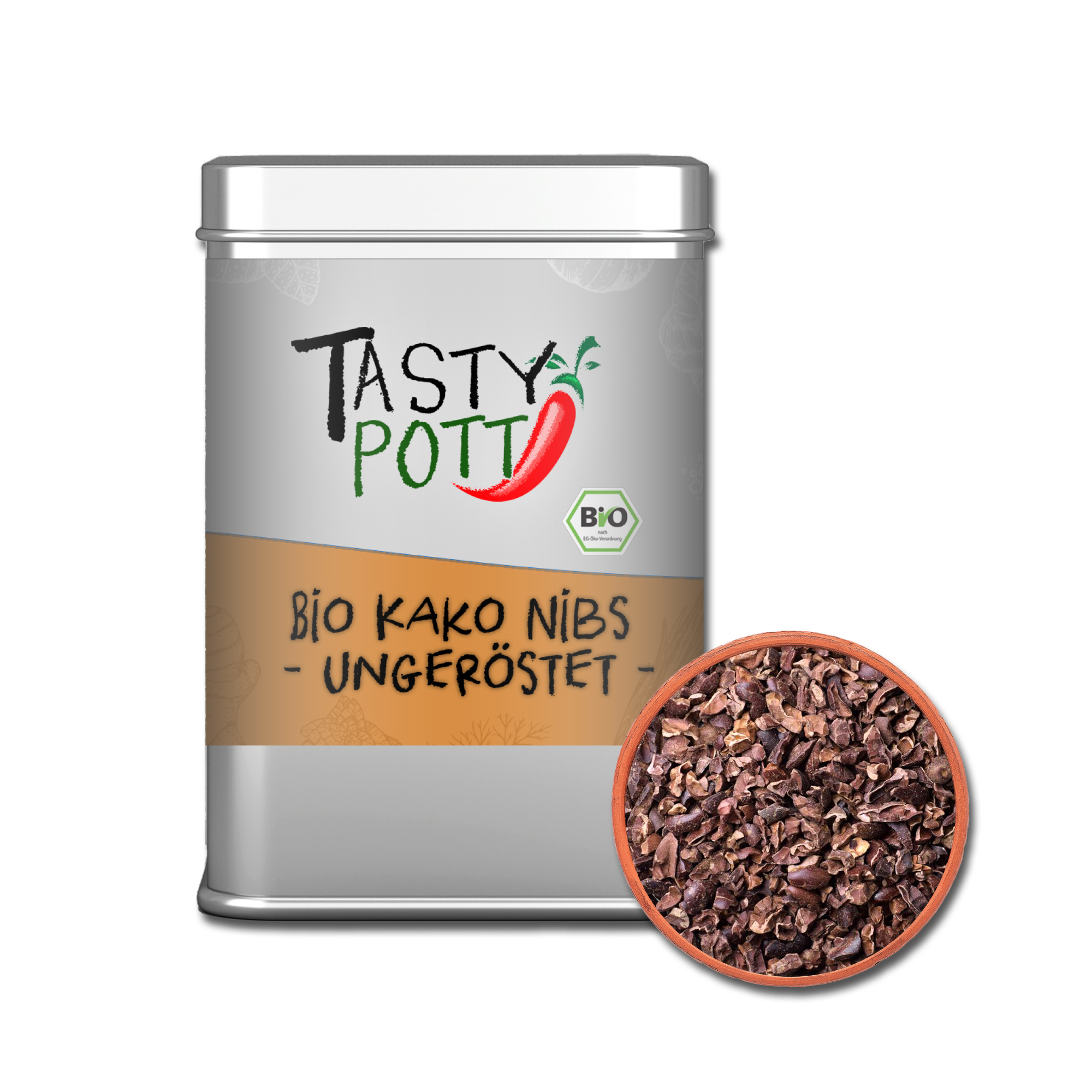 Bio Kakao Nibs - Kakaonibs ungeröstet - 75g Dose von Tasty Pott 