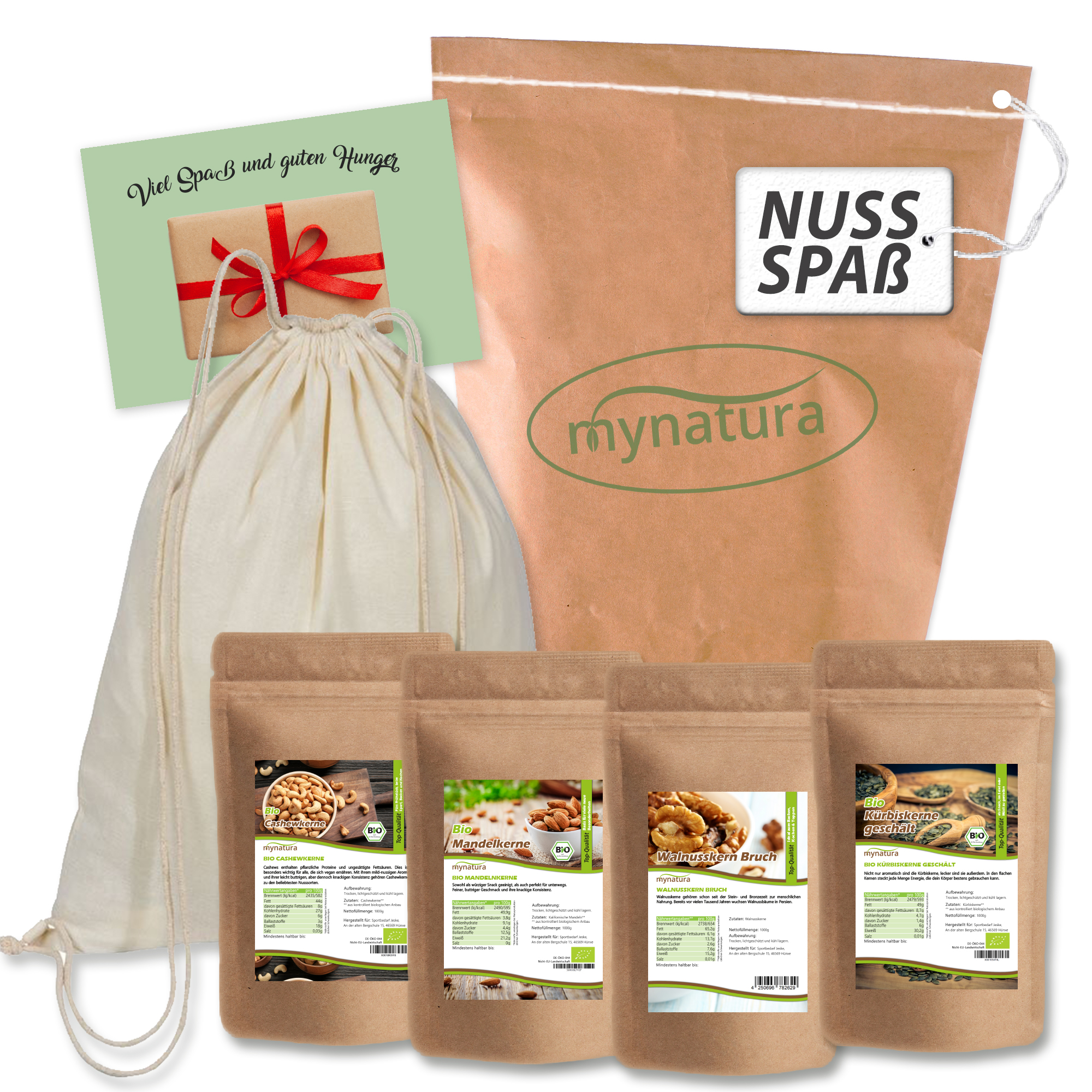 Mynatura Nussspaß - Cashewkerne + Mandeln + Walnusskern Bruch + Kürbiskerne + Gymbag + Karte