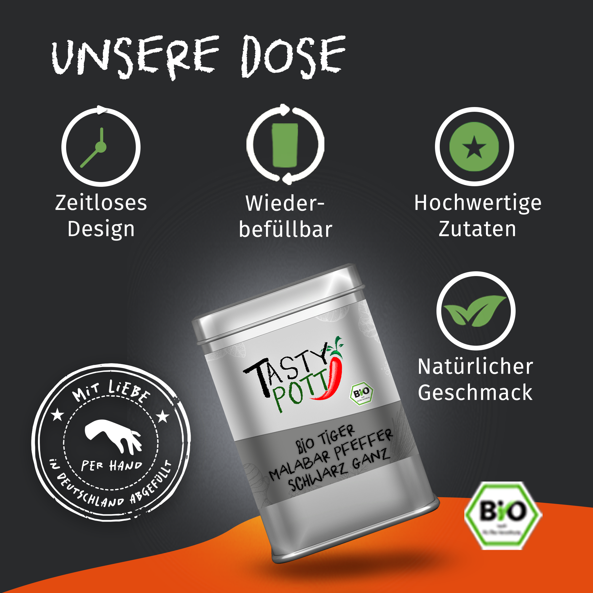 Tiger Bio Malabar Pfeffer schwarz - Tigerpfeffer ganz aus Indien | 100g Dose Tasty Pott   Tiger Bio Malabar Pfeffer schwarz - Tigerpfeffer ganz aus Indien | 100g Dose Tasty Pott