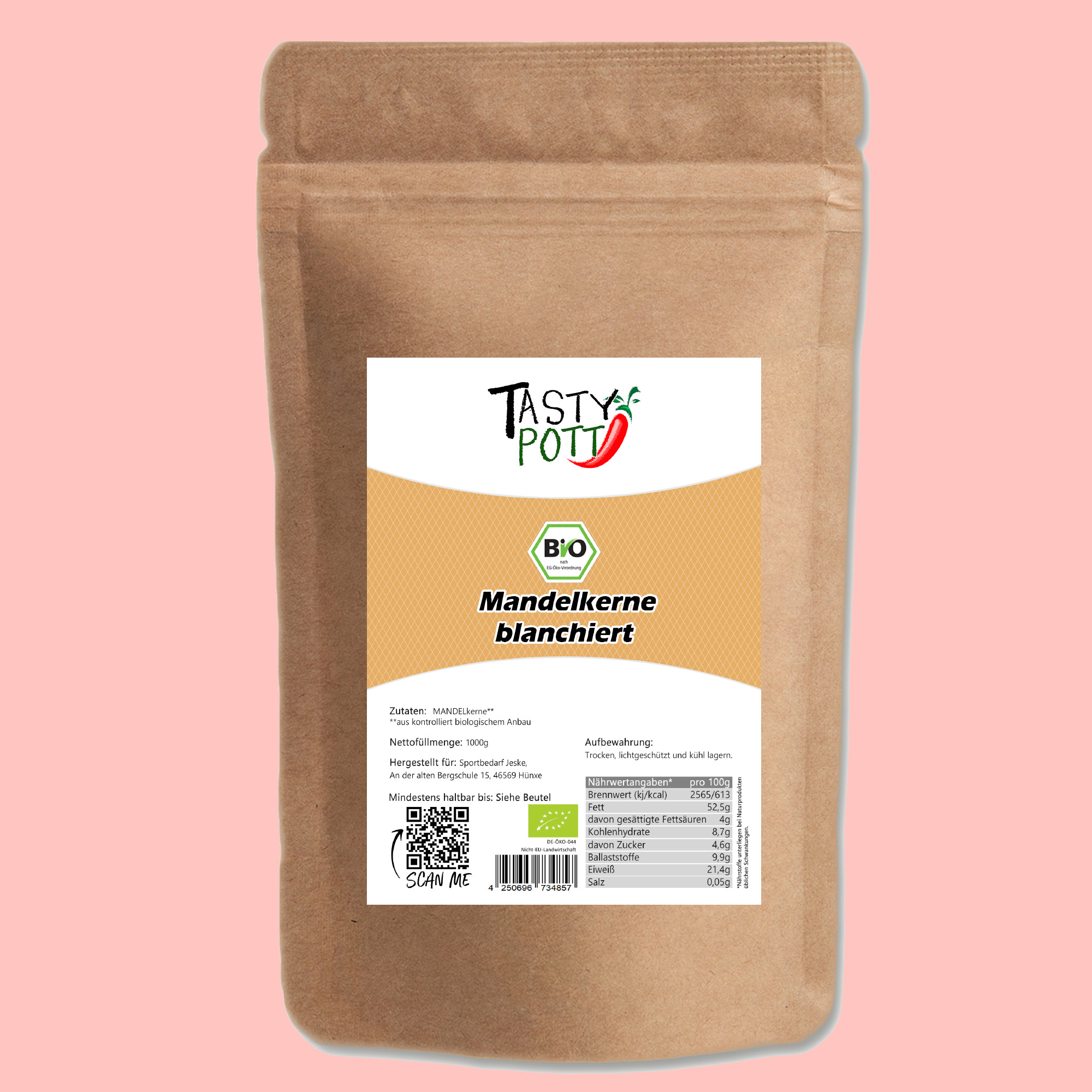 Blanchierte Mandeln - Bio Qualität - 1kg Beutel von Tasty Pott 
