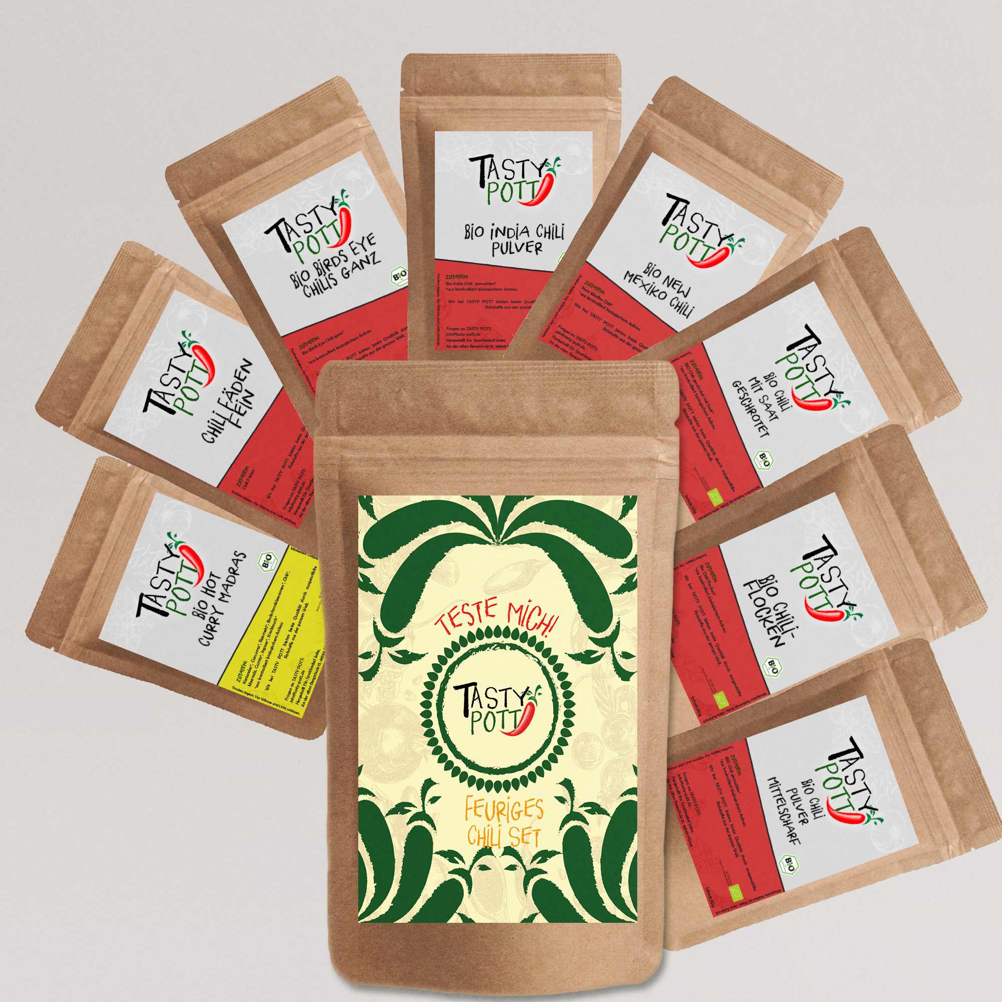 Feuriges Chili Set - scharfe Chili Gewürze | 8x Probiergröße Tasty Pott   Feuriges Chili Set - scharfe Chili Gewürze | 8x Probiergröße Tasty Pott