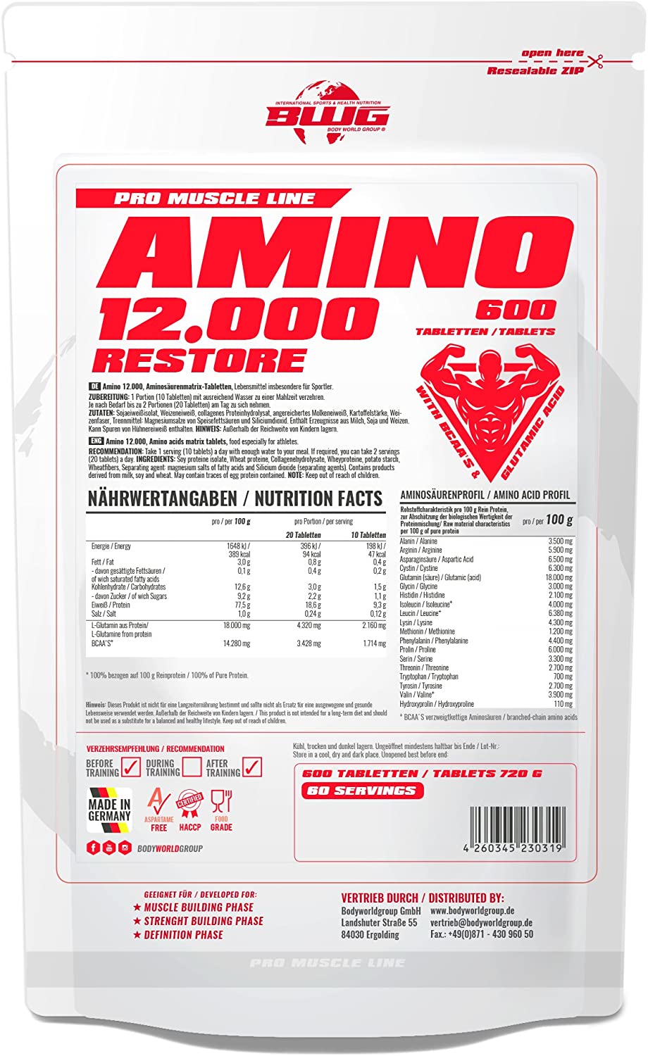 BWG Amino Restore 12OOO + Bcaa's, 600 Tabl.a 1200mg