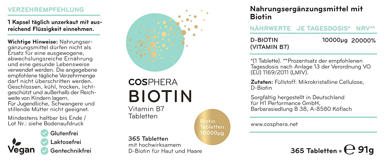 Cosphera - Biotin Hochdosiert 10.000 mcg D-Biotin 365 vegane Tabletten Cosphera - Biotin Hochdosiert 10.000 mcg D-Biotin 365 vegane Tabletten