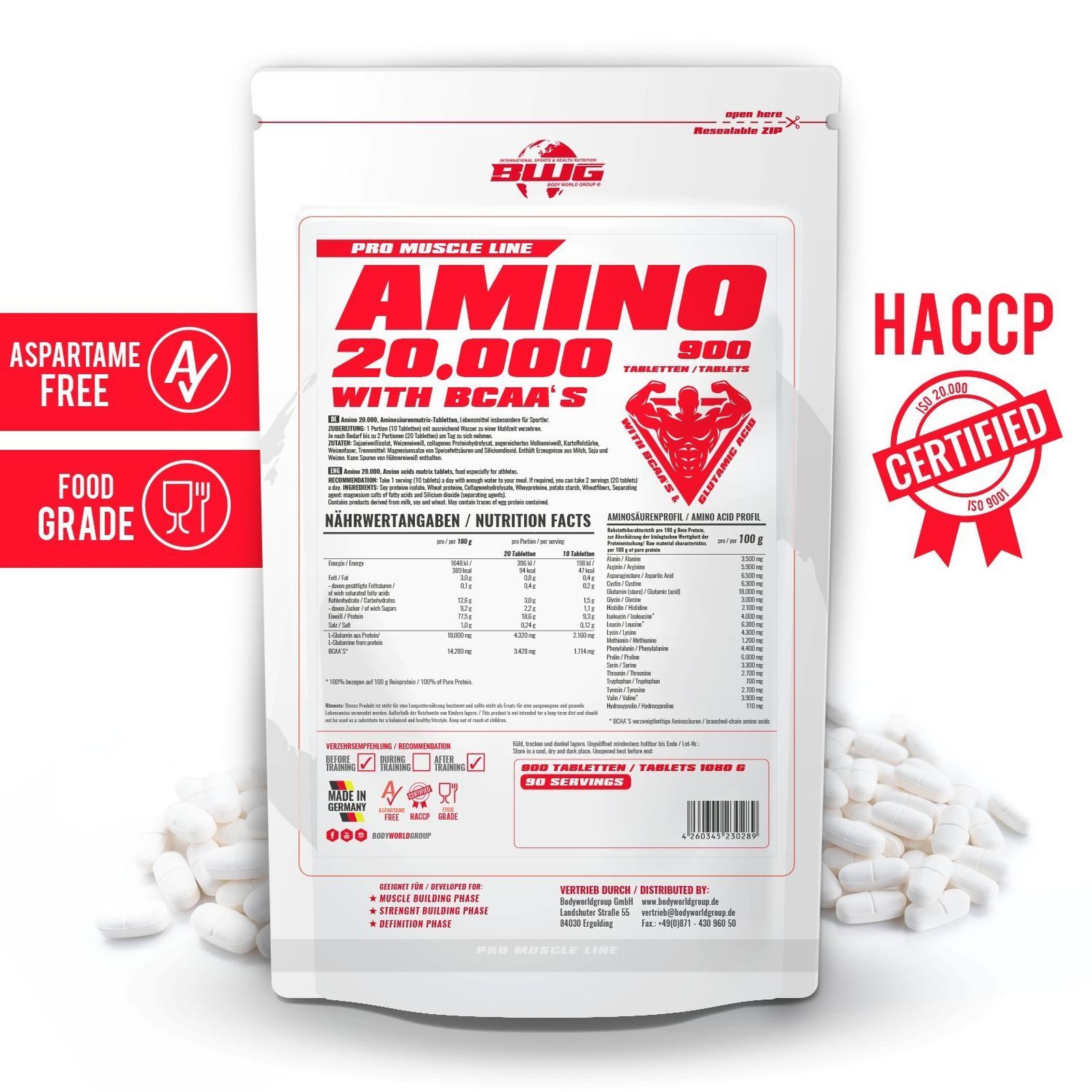 BWG Amino 20.000 + BCAAs + Glutamin (900 Tabletten)