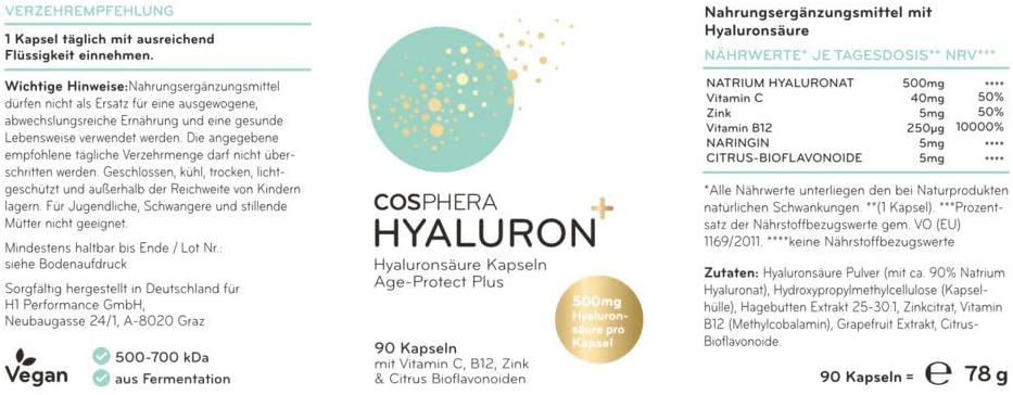 Cosphera - Hyaluronsäure Kapseln - Hochdosiert mit 500 mg pro Kapsel. 90 vegane Kapseln Cosphera - Hyaluronsäure Kapseln - Hochdosiert mit 500 mg pro Kapsel. 90 vegane Kapseln
