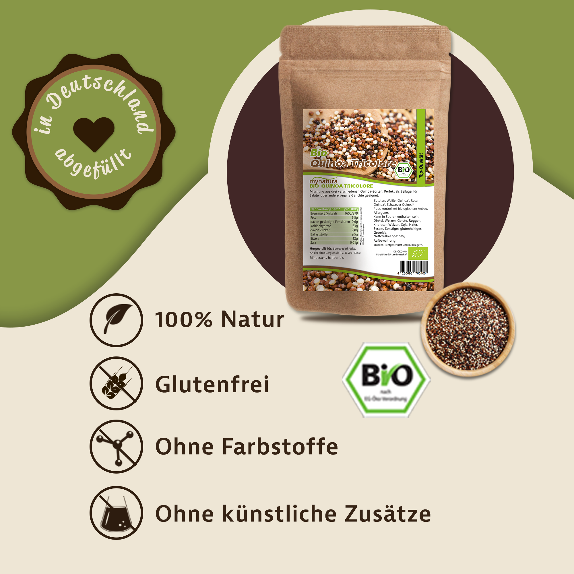 Bio Quinoa Tricolore von Mynatura – Farbige Quinoa-Mischung aus weißem, rotem und schwarzem Quinoa | Vegan & vielseitig für die moderne Küche 500g