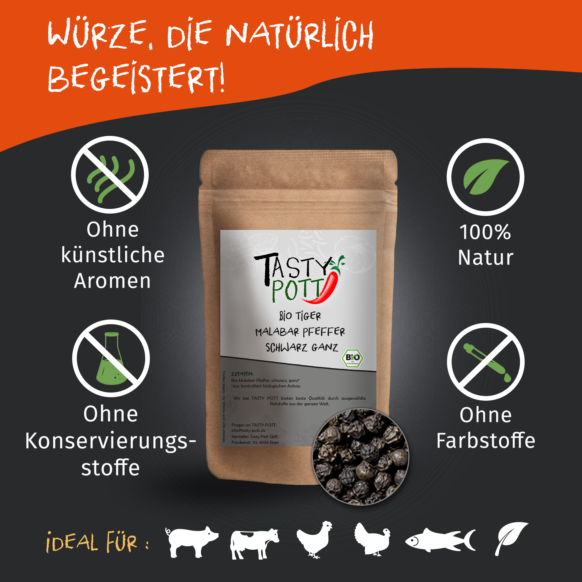 Tiger Bio Malabar Pfeffer schwarz - Tigerpfeffer ganz aus Indien | 100g Dose Tasty Pott   Tiger Bio Malabar Pfeffer schwarz - Tigerpfeffer ganz aus Indien | 100g Dose Tasty Pott