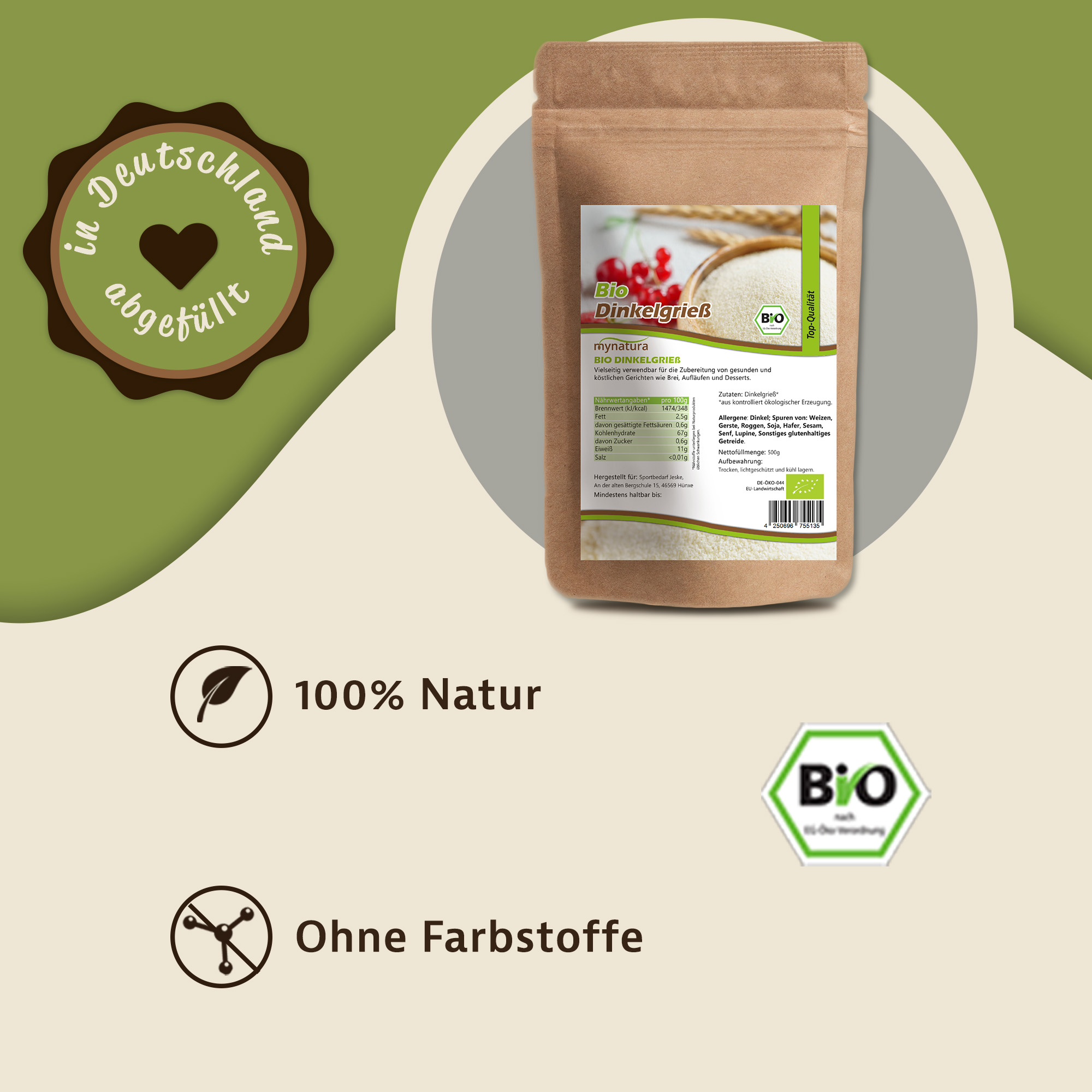 Bio Dinkelgrieß von Mynatura – Vielseitiges Naturprodukt für süße und herzhafte Gerichte | Dinkel gemahlen, vegan & nachhaltig 1000g
