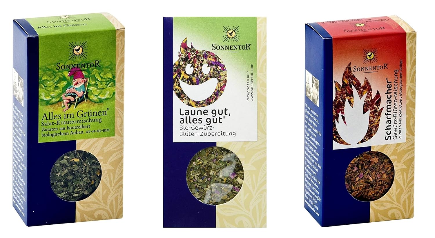 Sonnentor - 3er Set Gewürze - Scharfmacher (30 g) und Alles im Grünen Salatgewürz (15 g) und Laune g Sonnentor - 3er Set Gewürze - Scharfmacher (30 g) und Alles im Grünen Salatgewürz (15 g) und Laune g