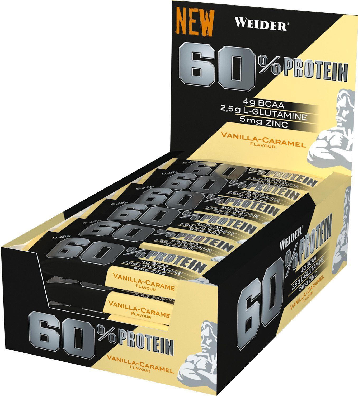Weider 60% Protein Bar Eiweiss Riegel, Box (24x 45g Riegel) Weider 60% Protein Bar Eiweiss Riegel, Box (24x 45g Riegel)