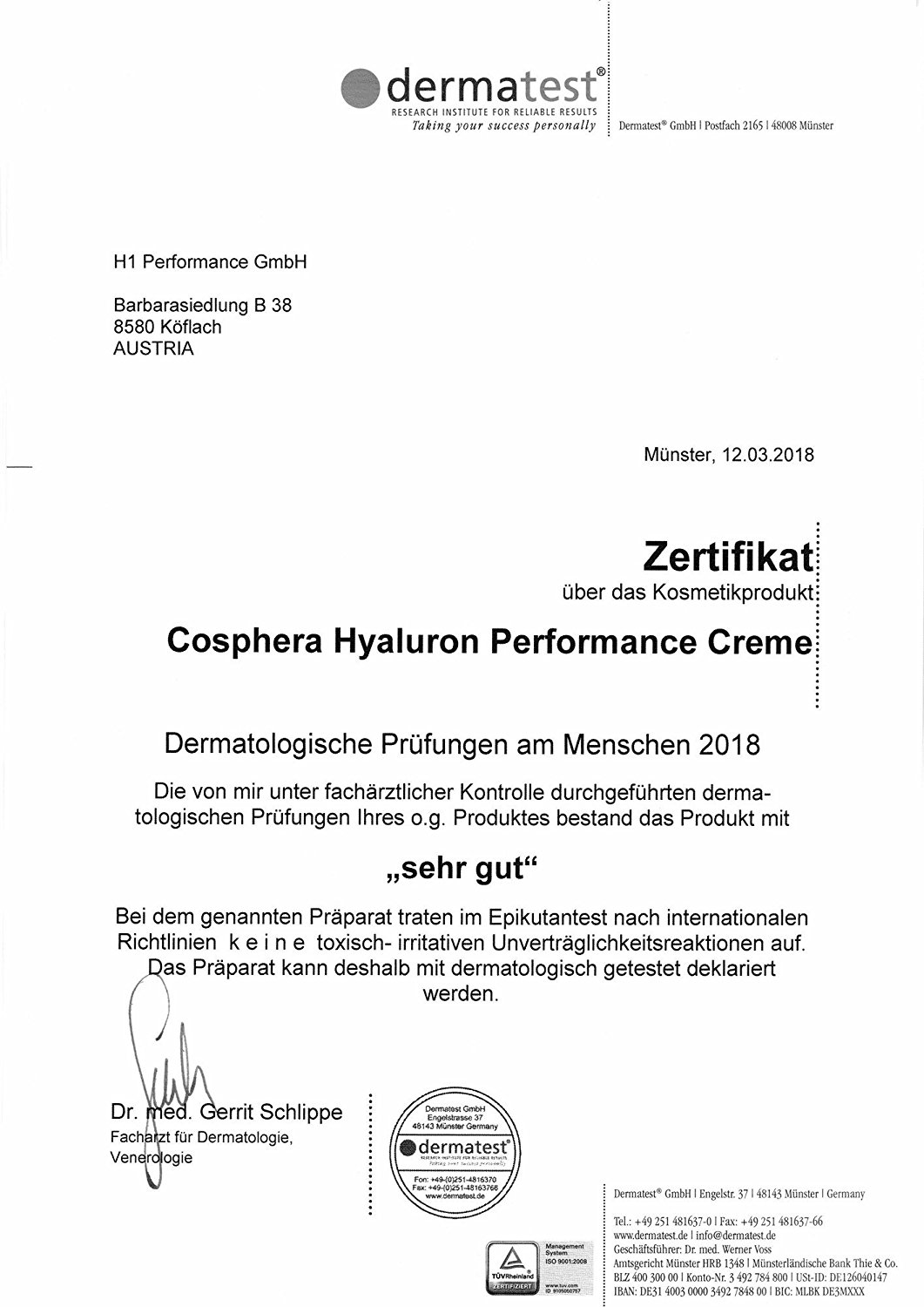 Cosphera - Hyaluron Performance Creme 50 ml - vegane Tages- und Nachtcreme hochdosiert für Gesicht,