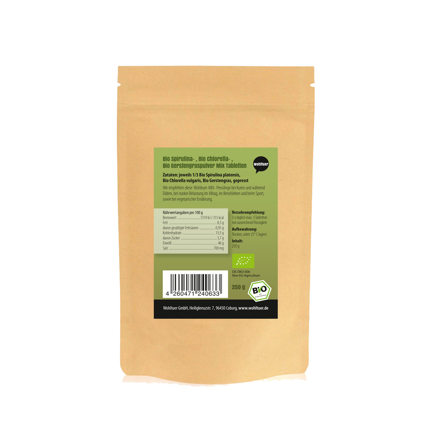 Wohltuer Spirulina Chlorella GERSTENGRAS MIX 250g Tabletten