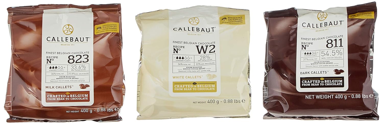 Callebaut, Kuvertüre Callets, Zartbitterschokolade, Milchschokolade und weiße Schokolade(3x400g) Callebaut, Kuvertüre Callets, Zartbitterschokolade, Milchschokolade und weiße Schokolade(3x400g)