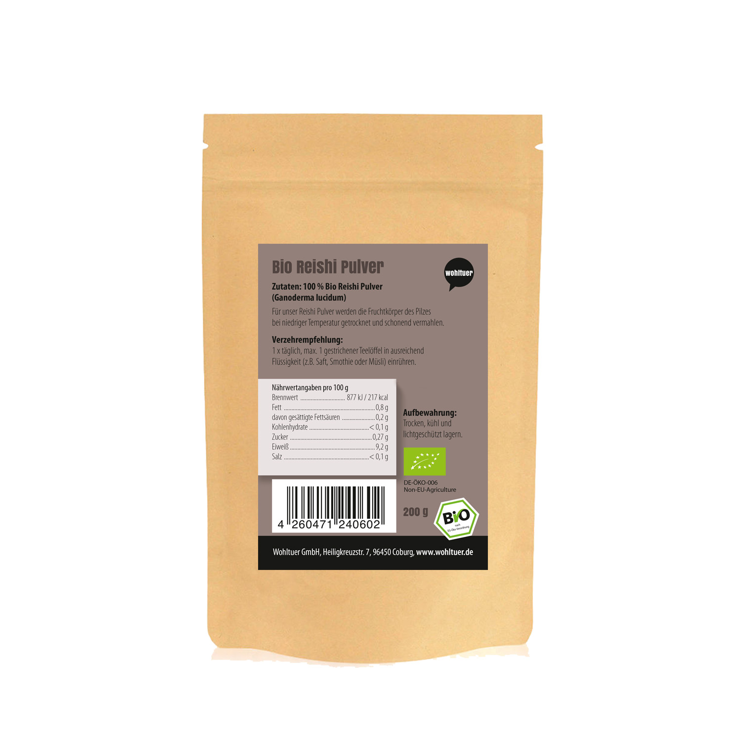 Wohltuer Bio Reishi Pulver Vitalpilz Mineralstoffreiche 200g