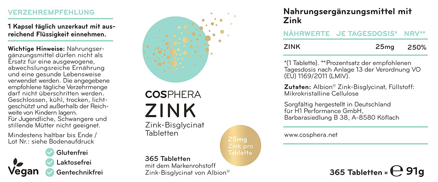 Cosphera - Zink Hochdosiert 25mg Zink-Bisglycinat 365 vegane Tabletten Cosphera - Zink Hochdosiert 25mg Zink-Bisglycinat 365 vegane Tabletten