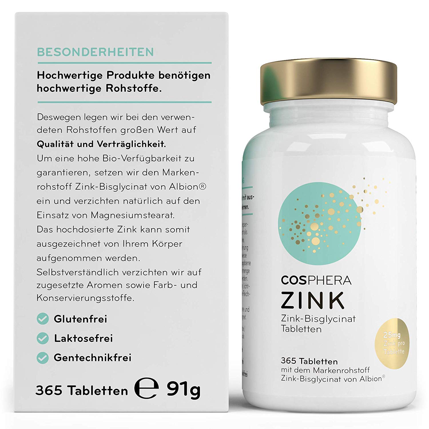 Cosphera - Zink Hochdosiert 25mg Zink-Bisglycinat 365 vegane Tabletten Cosphera - Zink Hochdosiert 25mg Zink-Bisglycinat 365 vegane Tabletten
