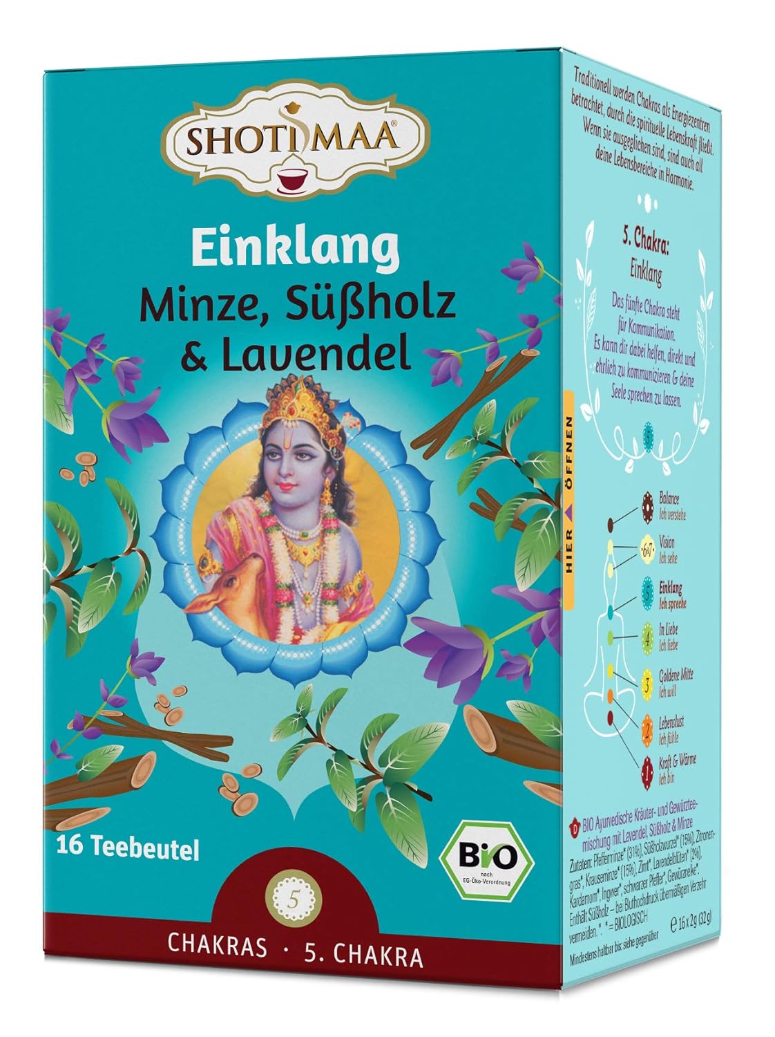 Shoti Maa, BioAyurvedaTee Einklang Minze Süßholz Lavendel Grüner Tee, (32g) Shoti Maa, BioAyurvedaTee Einklang Minze Süßholz Lavendel Grüner Tee, (32g)