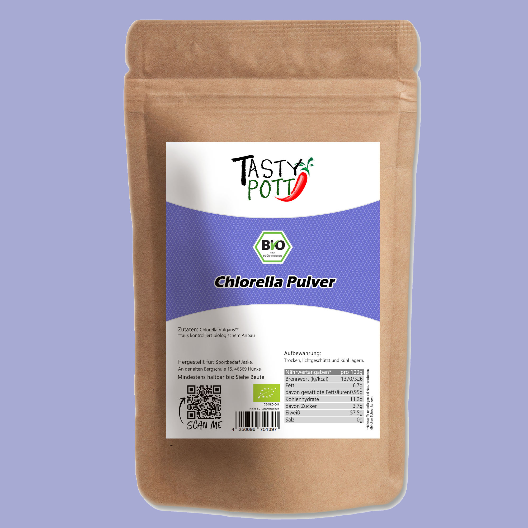Bio Chlorella Pulver - Bio Qualität - 250g Beutel von Tasty Pott 