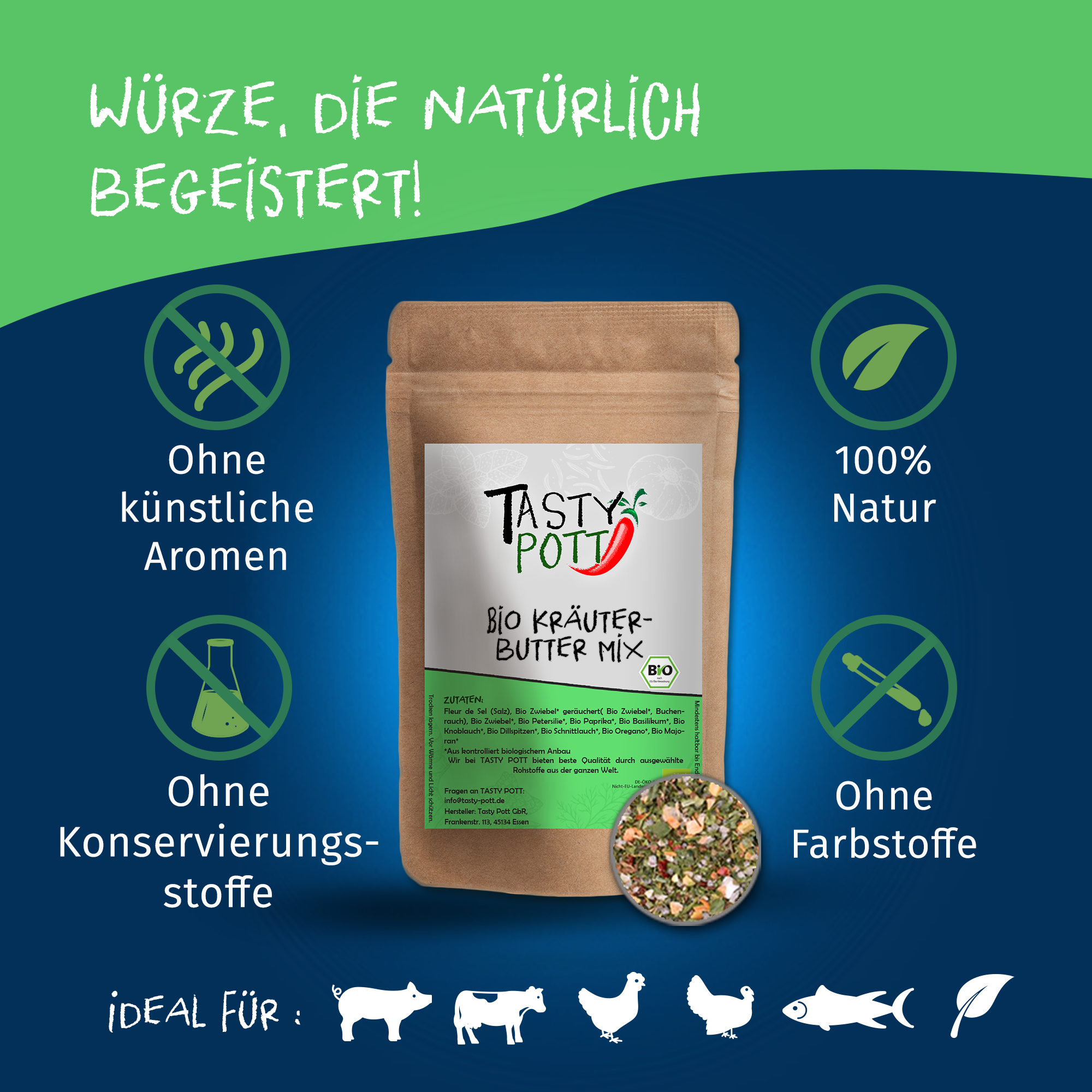 Bio Kräuterbutter Mix - Kräutermischung - 80g Dose von Tasty Pott Bio Kräuterbutter Mix - Kräutermischung - 80g Dose von Tasty Pott