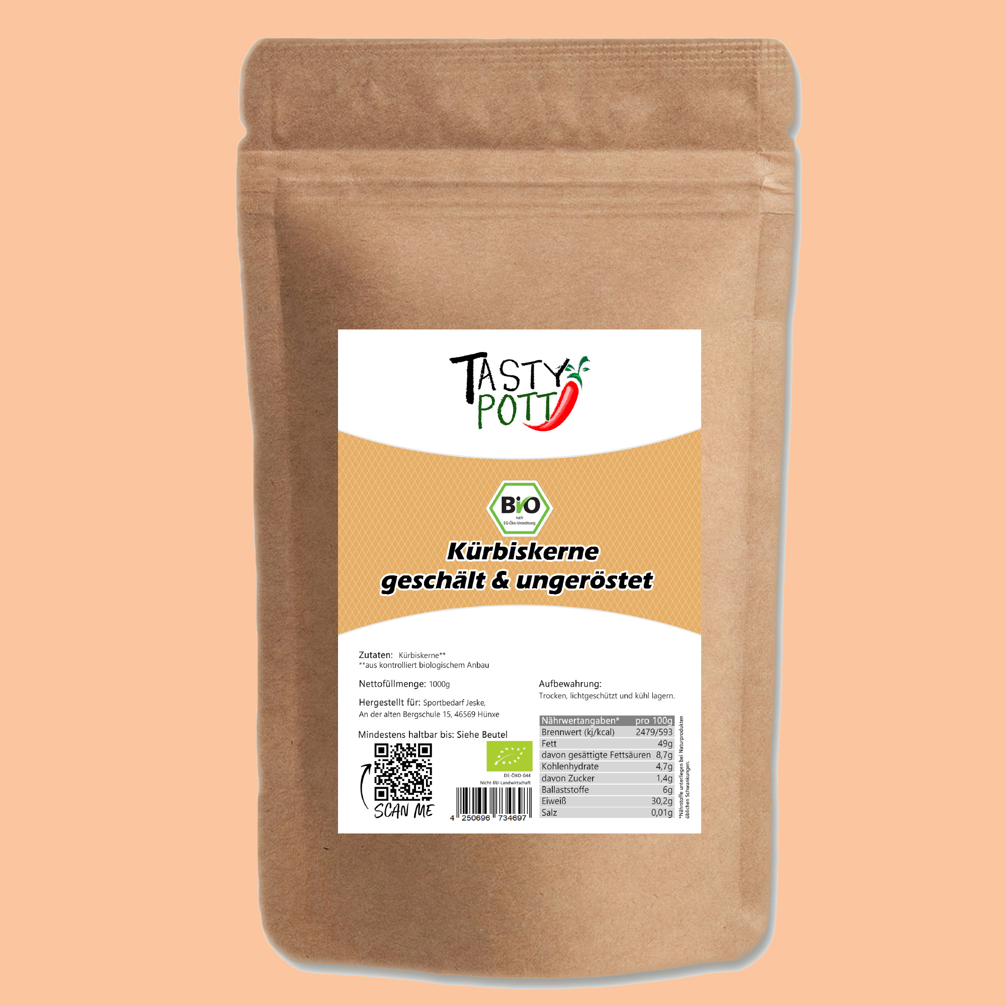 Bio Kürbiskerne - geschält und ungeröstet - 1Kg Beutel von Tasty Pott