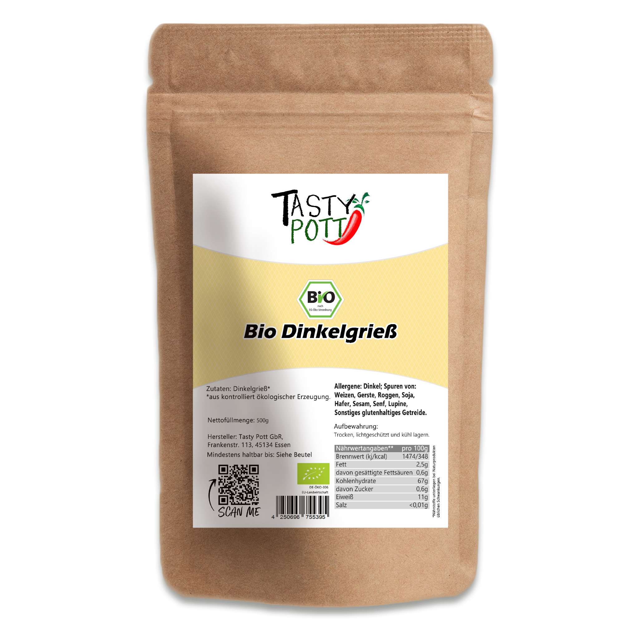 Tasty Pott Bio Dinkelgrieß – regionaler Bio-Genuss für süße & herzhafte Rezepte 500g 