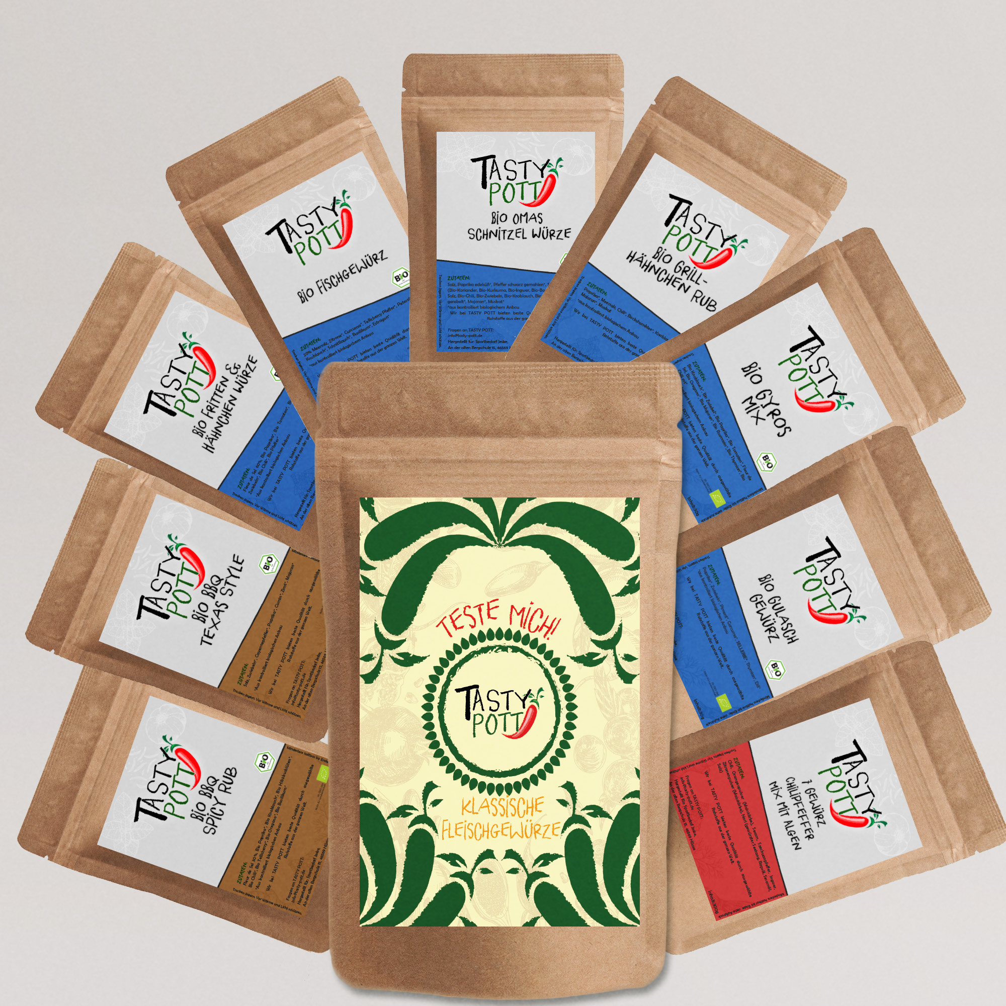 Tasty Pott Klassische Fleischgewürze Set 9x 30g Probiergrößen Tasty Pott Klassische Fleischgewürze Set 9x 30g Probiergrößen