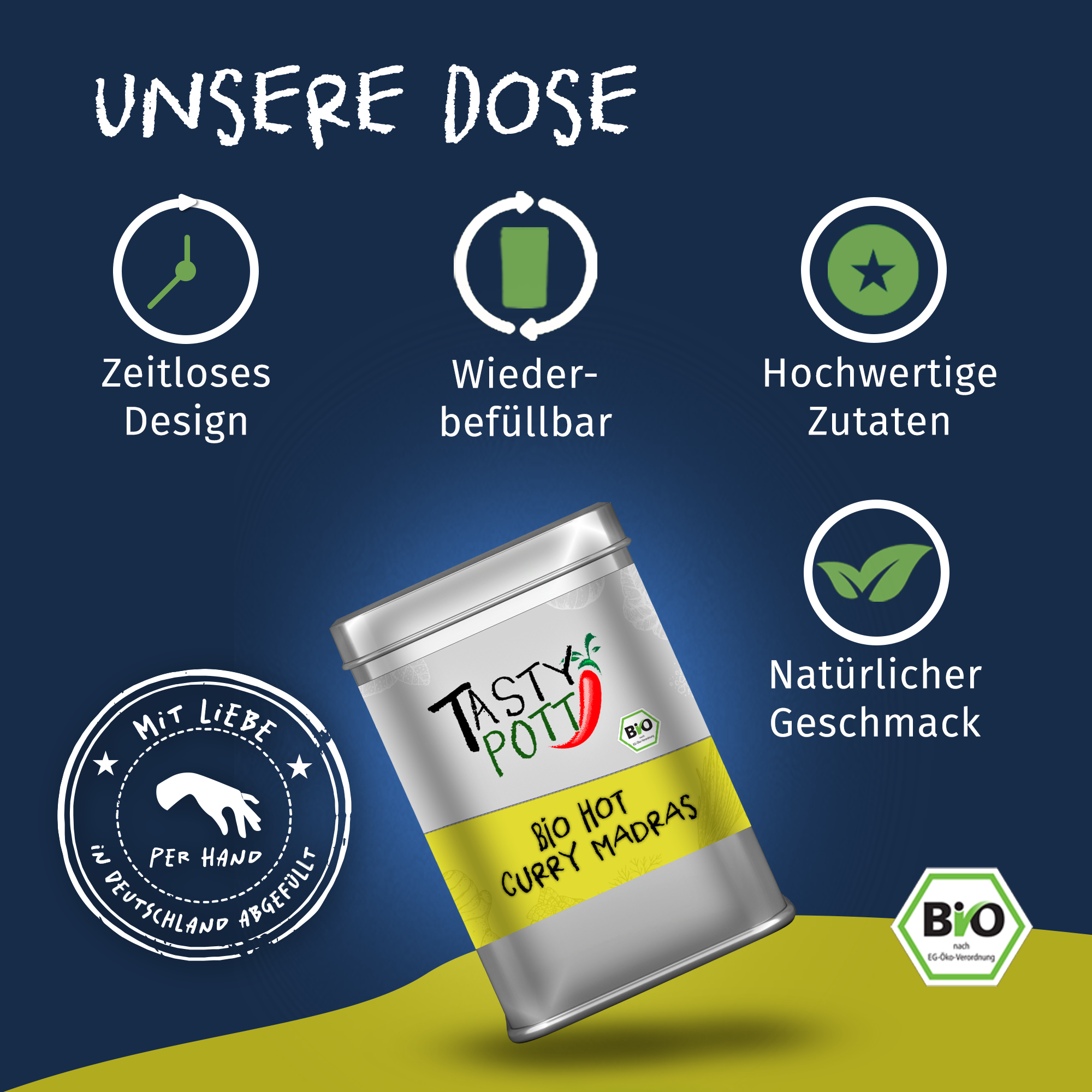 Hot Curry Madras - Madras Bio Curry Gewürz (scharf) - 100g Dose Tasty Pott