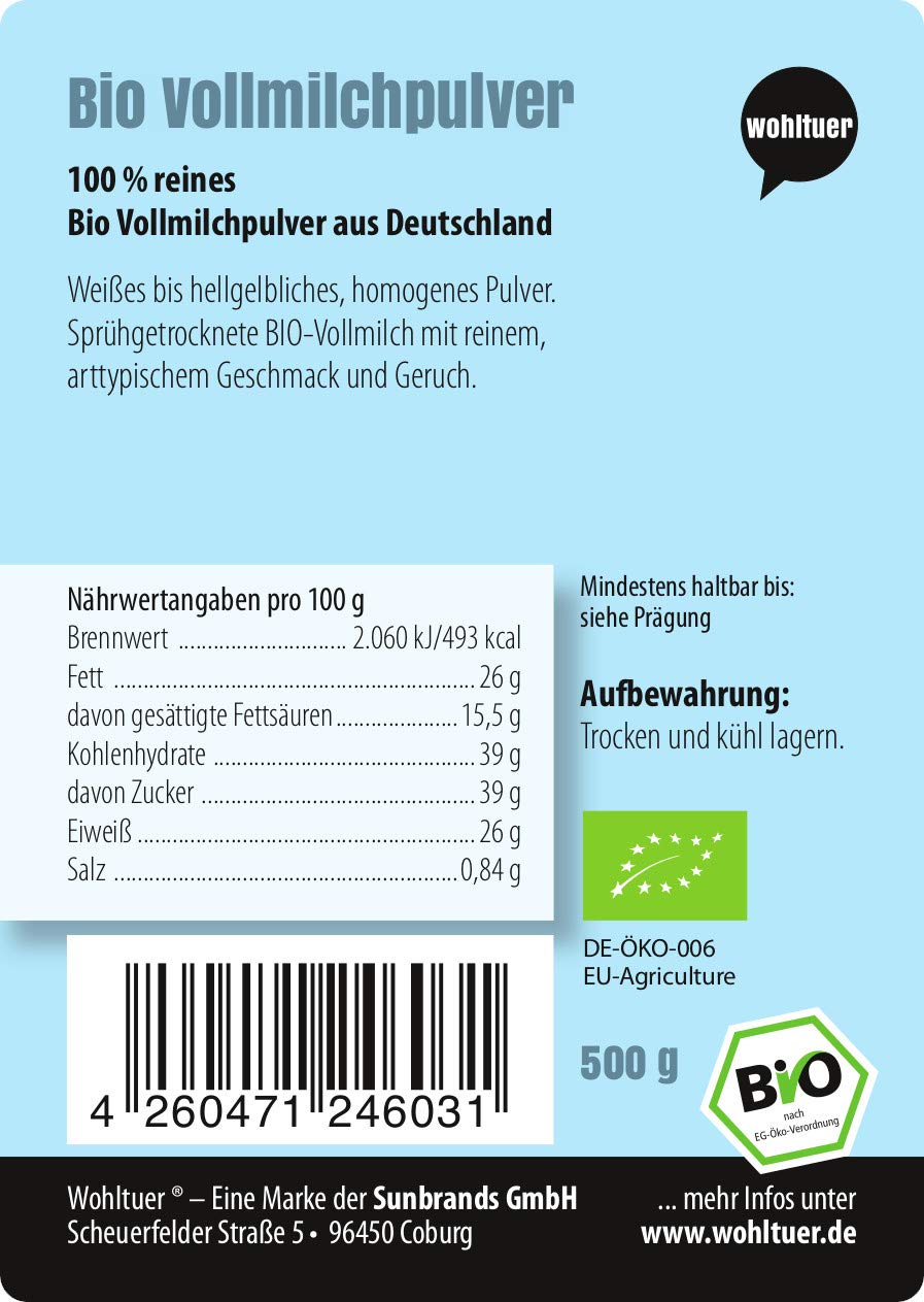 Wohltuer Bio Vollmilchpulver 500g | Bio & Weidehaltung | Sehr gut löslich & frei von Zusätzen | Milch