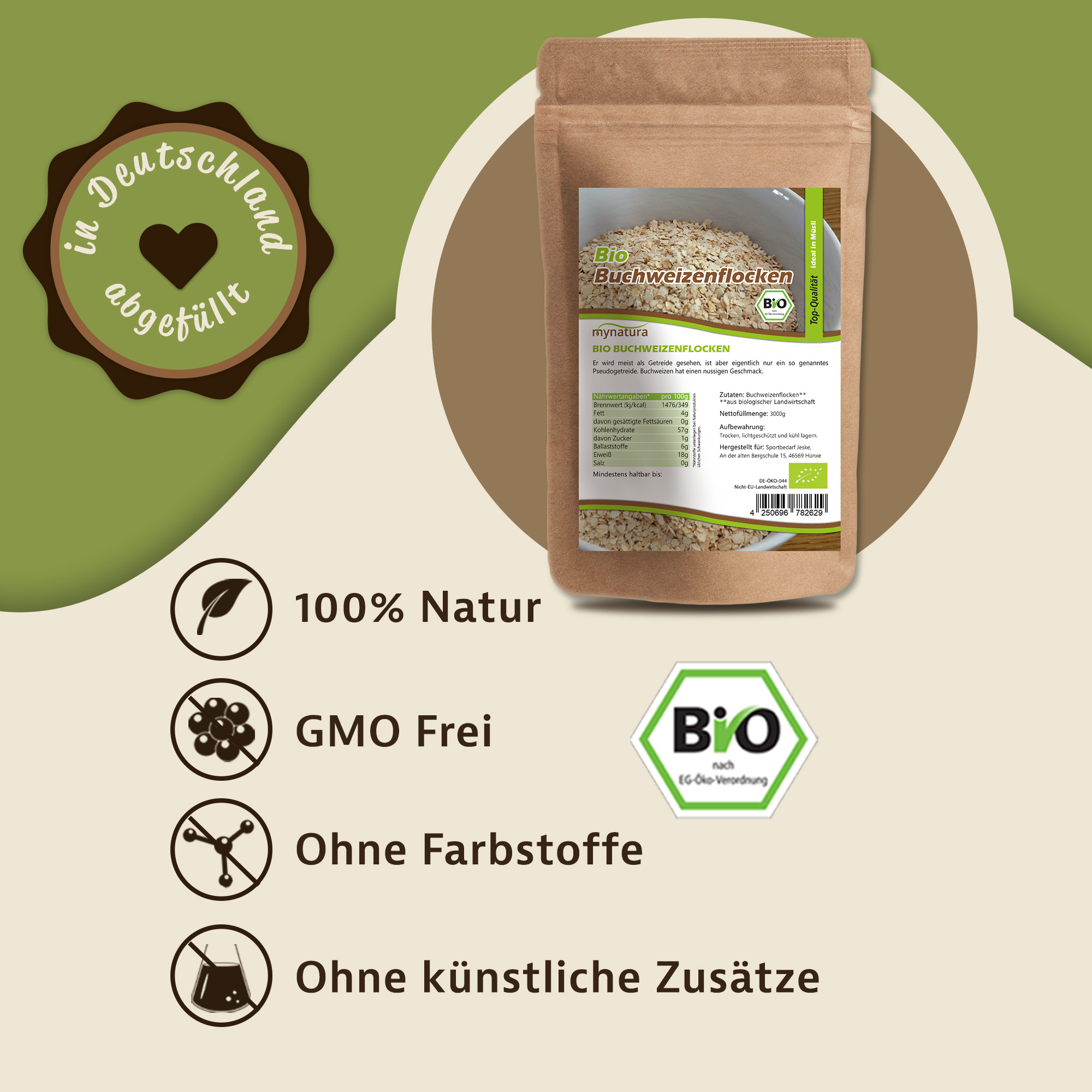 Bio Buchweizenflocken von Mynatura – glutenfreie Flocken für Müsli, Porridge & vegane Küche
