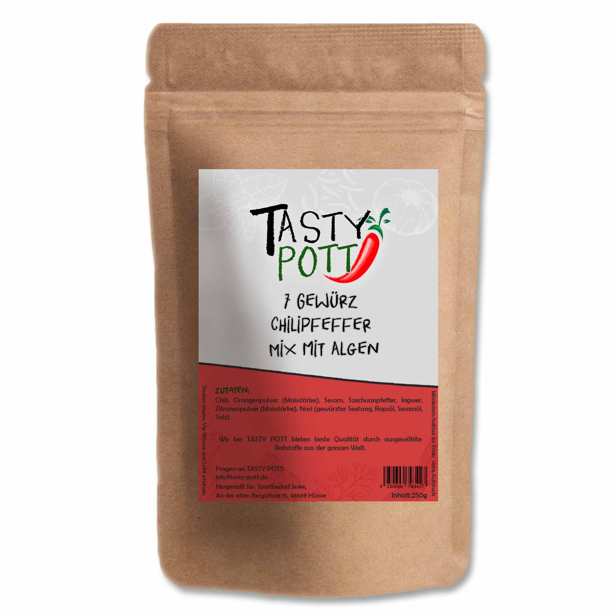 7 Gewürz Chilipfeffer mit Algen - Chili Pfeffer scharf - 250g Beutel Tasty Pott 