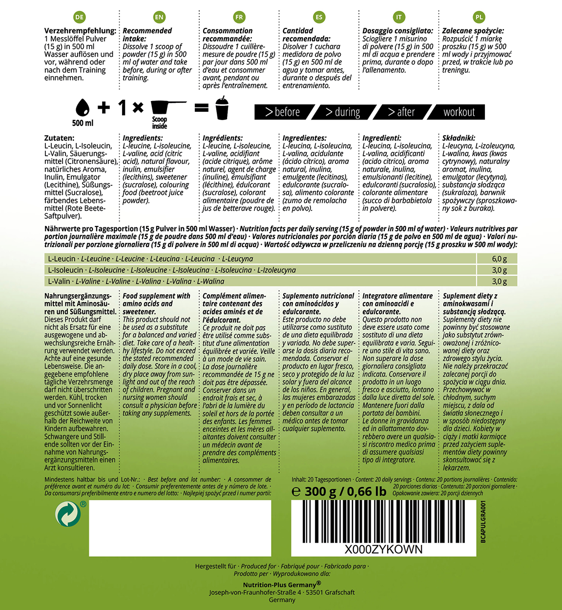 Nutri+ BCAA Aminosäuren Complex hochdosiert  Flavor (300g) Nutri+ BCAA Aminosäuren Complex hochdosiert  Flavor (300g)