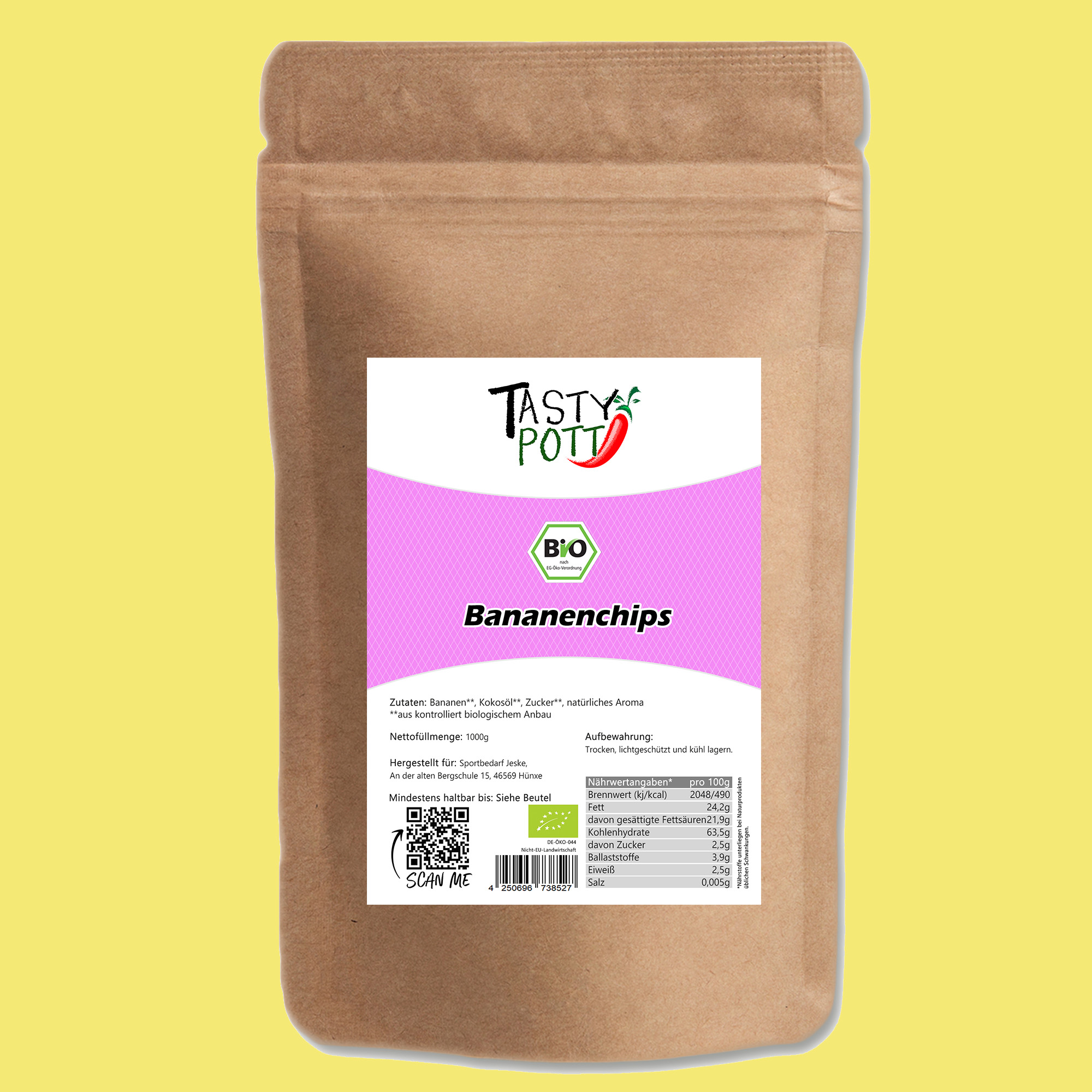 Bio Bananenchips - getrocknet mit Zuckerzusatz - 1Kg Beutel von Tasty Pott