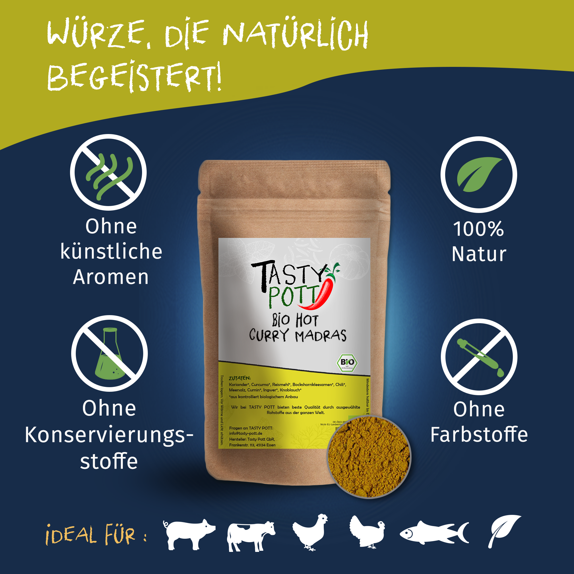 Hot Curry Madras - Madras Bio Curry Gewürz (scharf) - 100g Dose Tasty Pott Hot Curry Madras - Madras Bio Curry Gewürz (scharf) - 100g Dose Tasty Pott