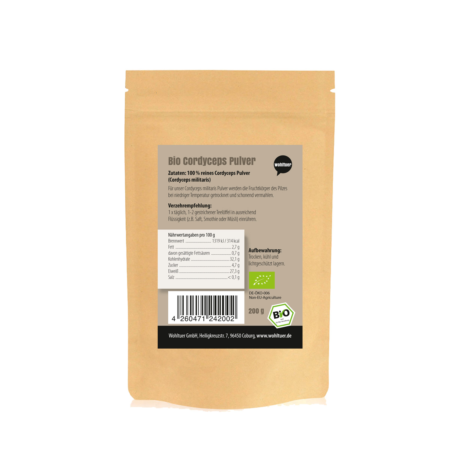 Wohltuer Bio Cordyceps Pulver Vitalpilz mineralstoffreiche  200g