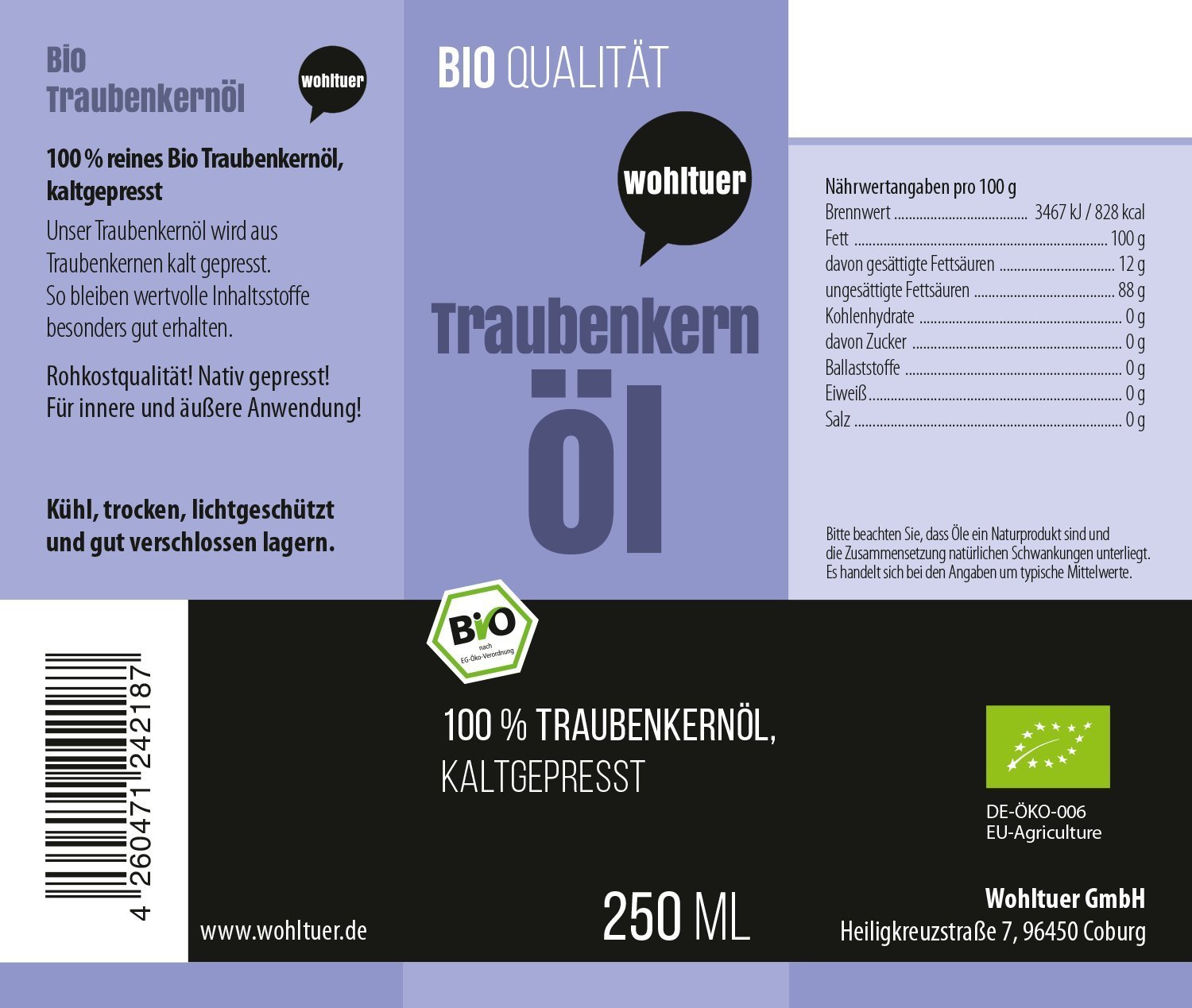 Wohltuer Traubenkernöl kaltgepresst 250ml aus kontrolliert biologischem Anbau (Frankreich)