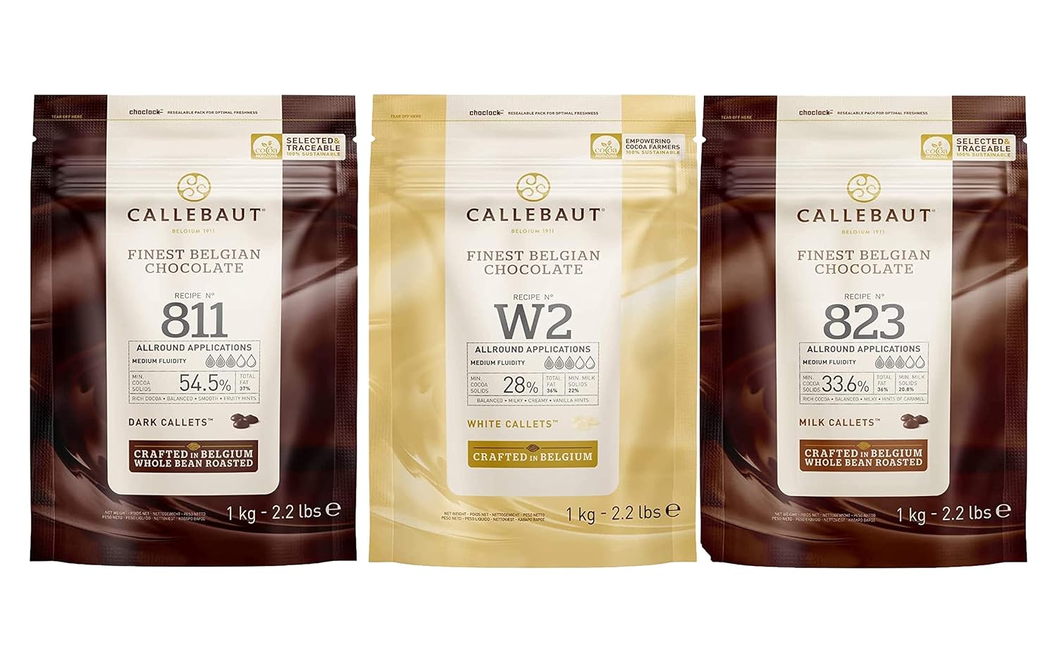 Callebaut, Kuvertüre Callets, Zartbitterschokolade, Milchschokolade und weiße Schokolade(3x1000g) Callebaut, Kuvertüre Callets, Zartbitterschokolade, Milchschokolade und weiße Schokolade(3x1000g)