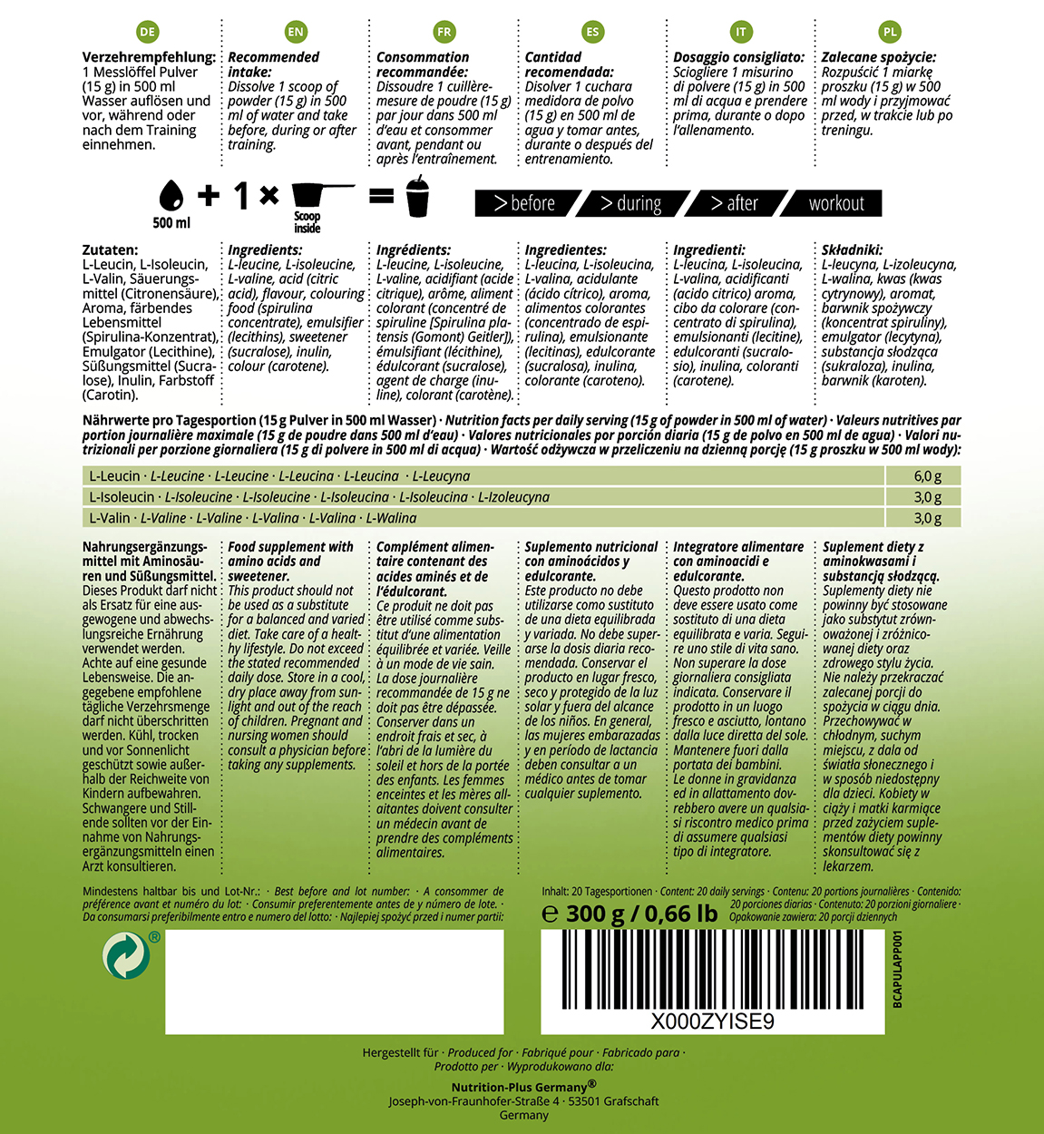 Nutri+ BCAA Aminosäuren Complex hochdosiert  Flavor (300g) Nutri+ BCAA Aminosäuren Complex hochdosiert  Flavor (300g)