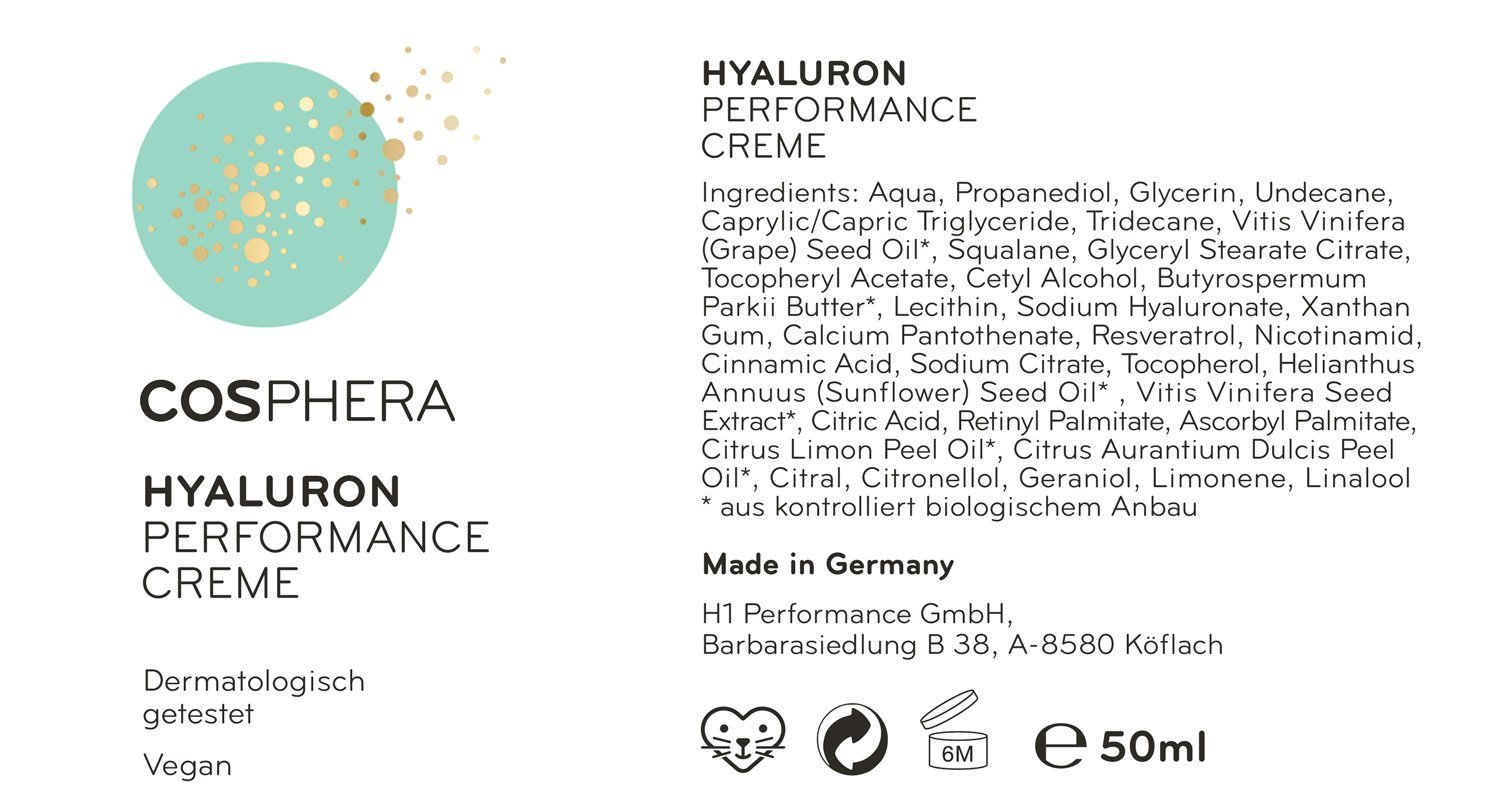 Cosphera - Hyaluron Performance Creme 50 ml - vegane Tages- und Nachtcreme hochdosiert für Gesicht,