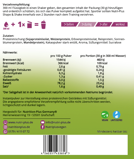 Nutri+  6k Protein Eiweißpulver Schokolade Erdnuss 2x1 kg